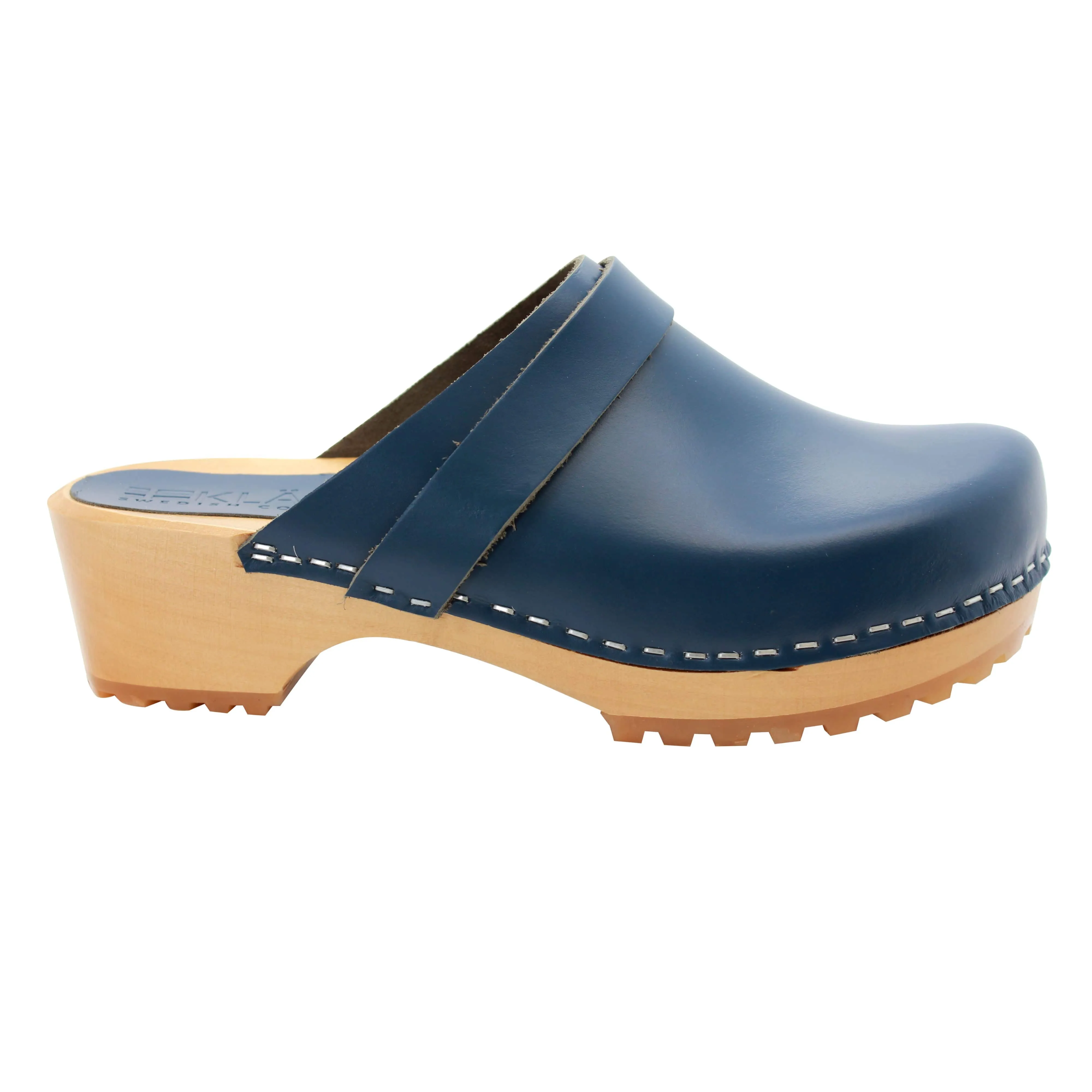 KLÄGN Tuva Wood Open Back Grip Cobalt Veg Tan Leather Clogs