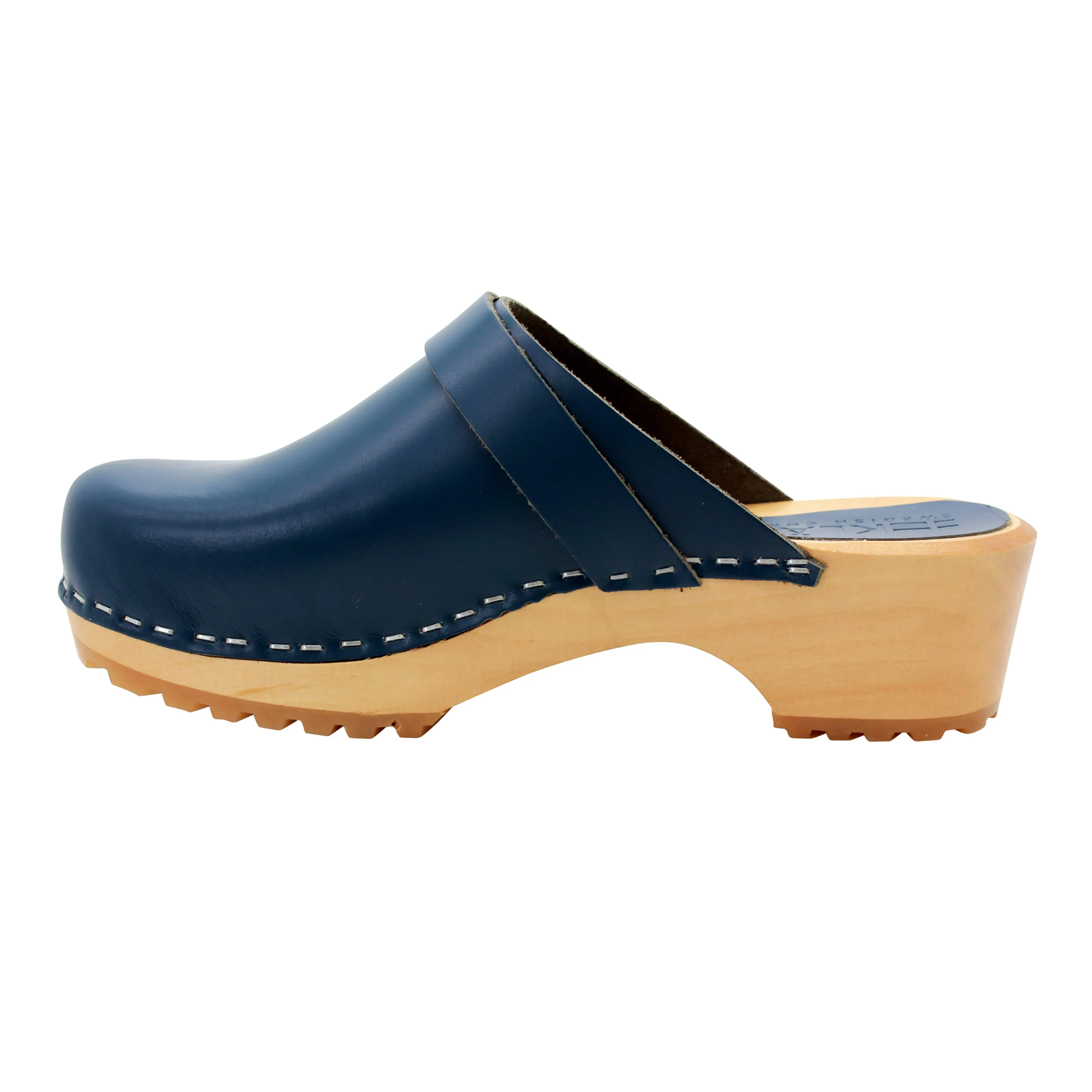 KLÄGN Tuva Wood Open Back Grip Cobalt Veg Tan Leather Clogs