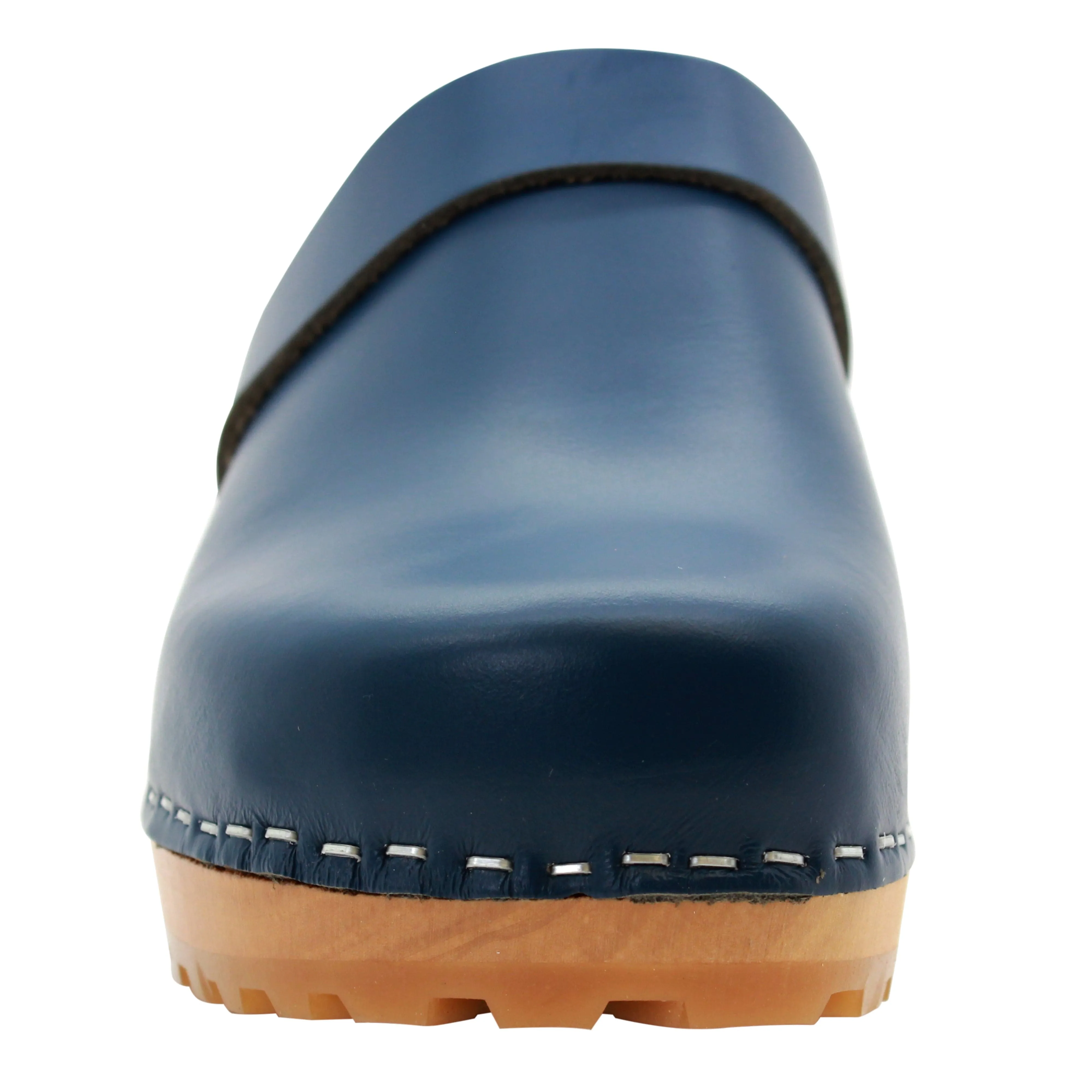 KLÄGN Tuva Wood Open Back Grip Cobalt Veg Tan Leather Clogs