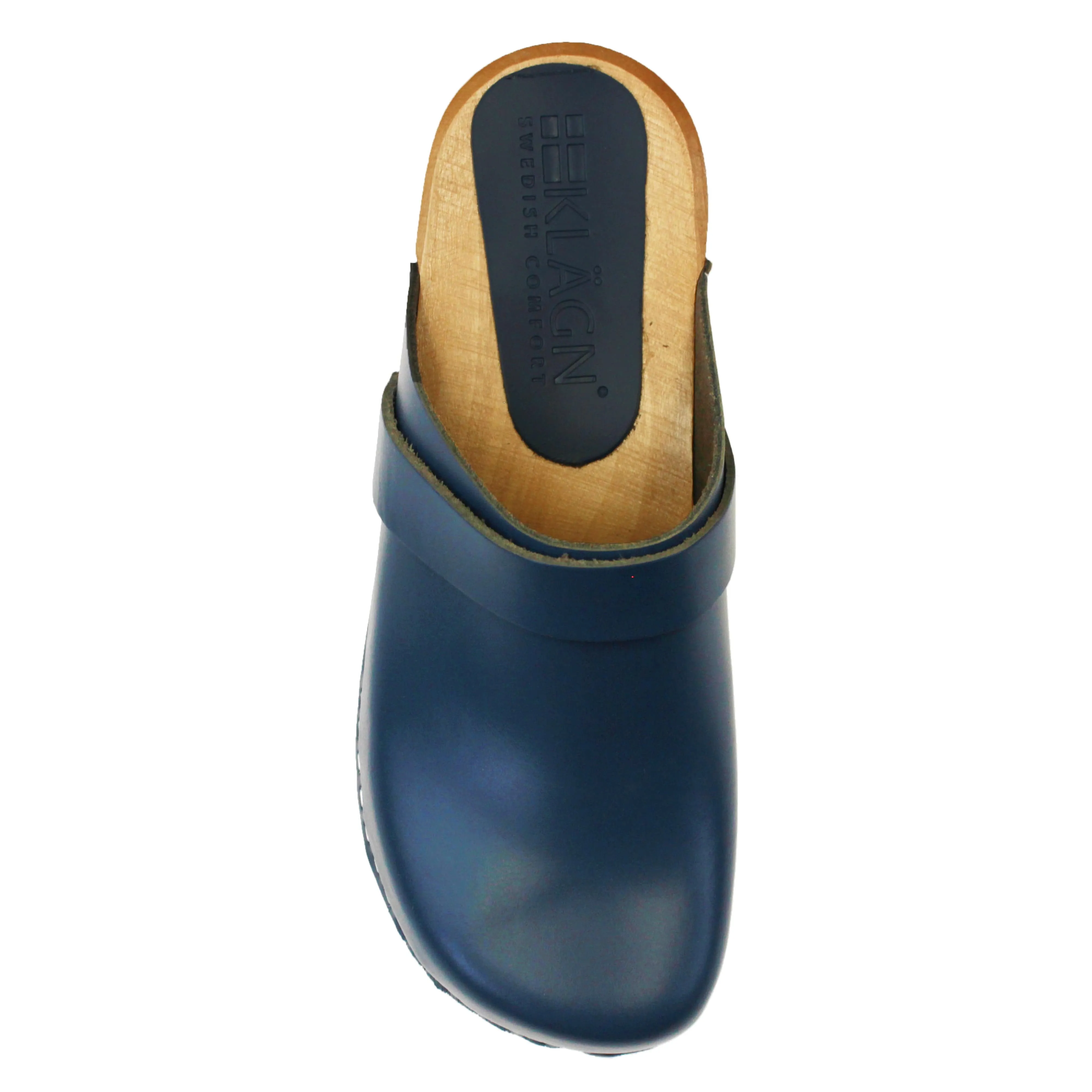 KLÄGN Tuva Wood Open Back Grip Cobalt Veg Tan Leather Clogs