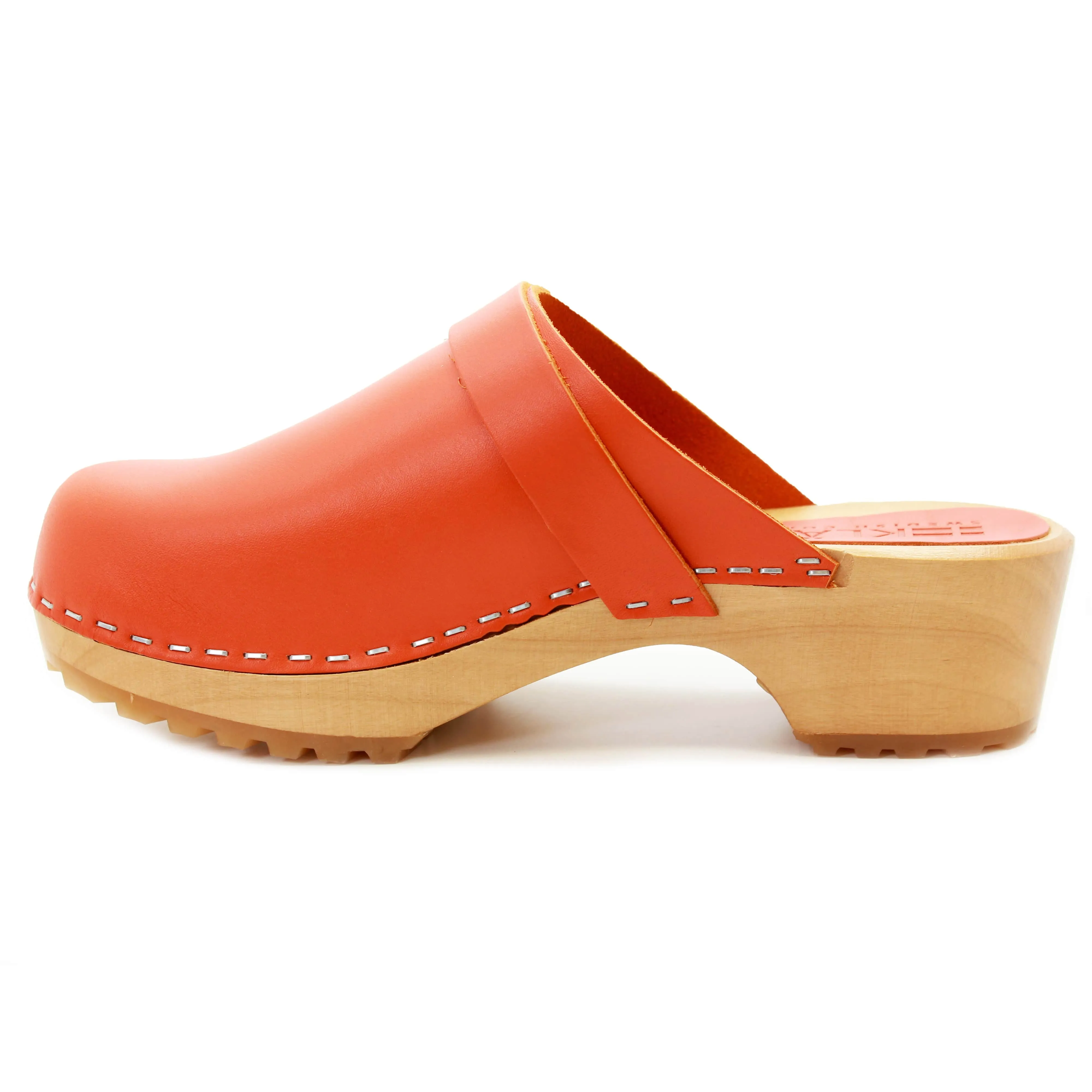 KLÄGN Tuva Wood Open Back Grip Orange Veg Tan Leather Clogs