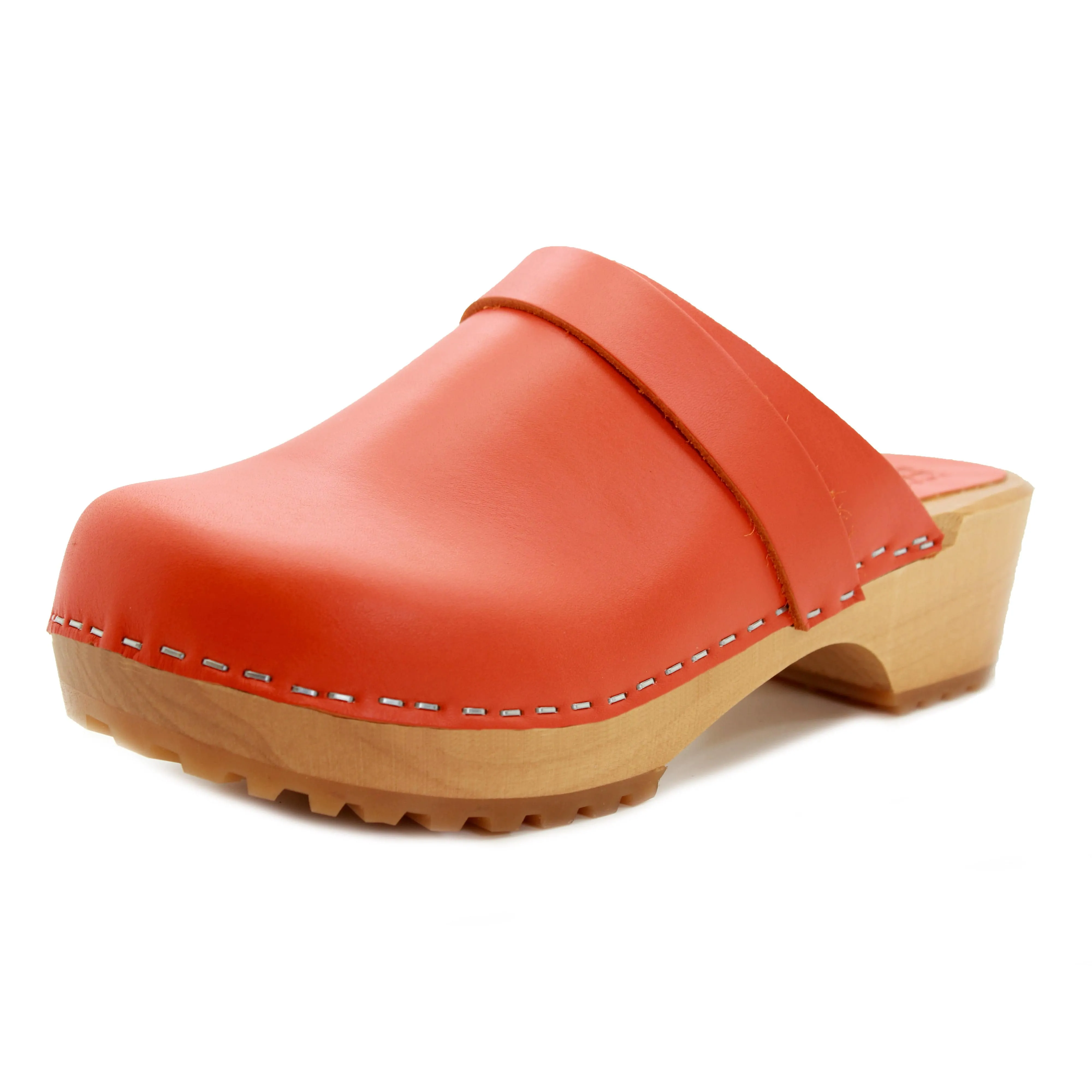 KLÄGN Tuva Wood Open Back Grip Orange Veg Tan Leather Clogs