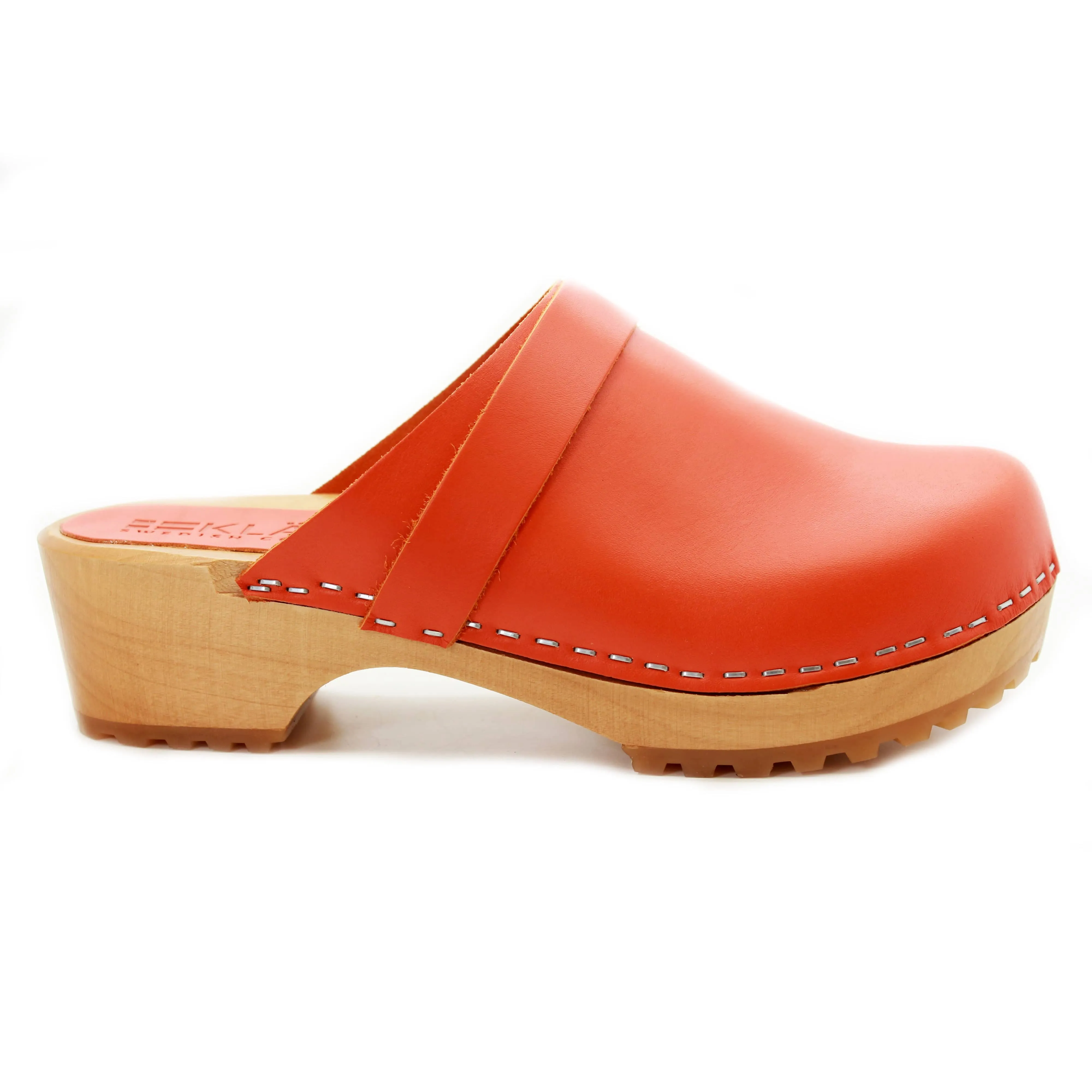 KLÄGN Tuva Wood Open Back Grip Orange Veg Tan Leather Clogs