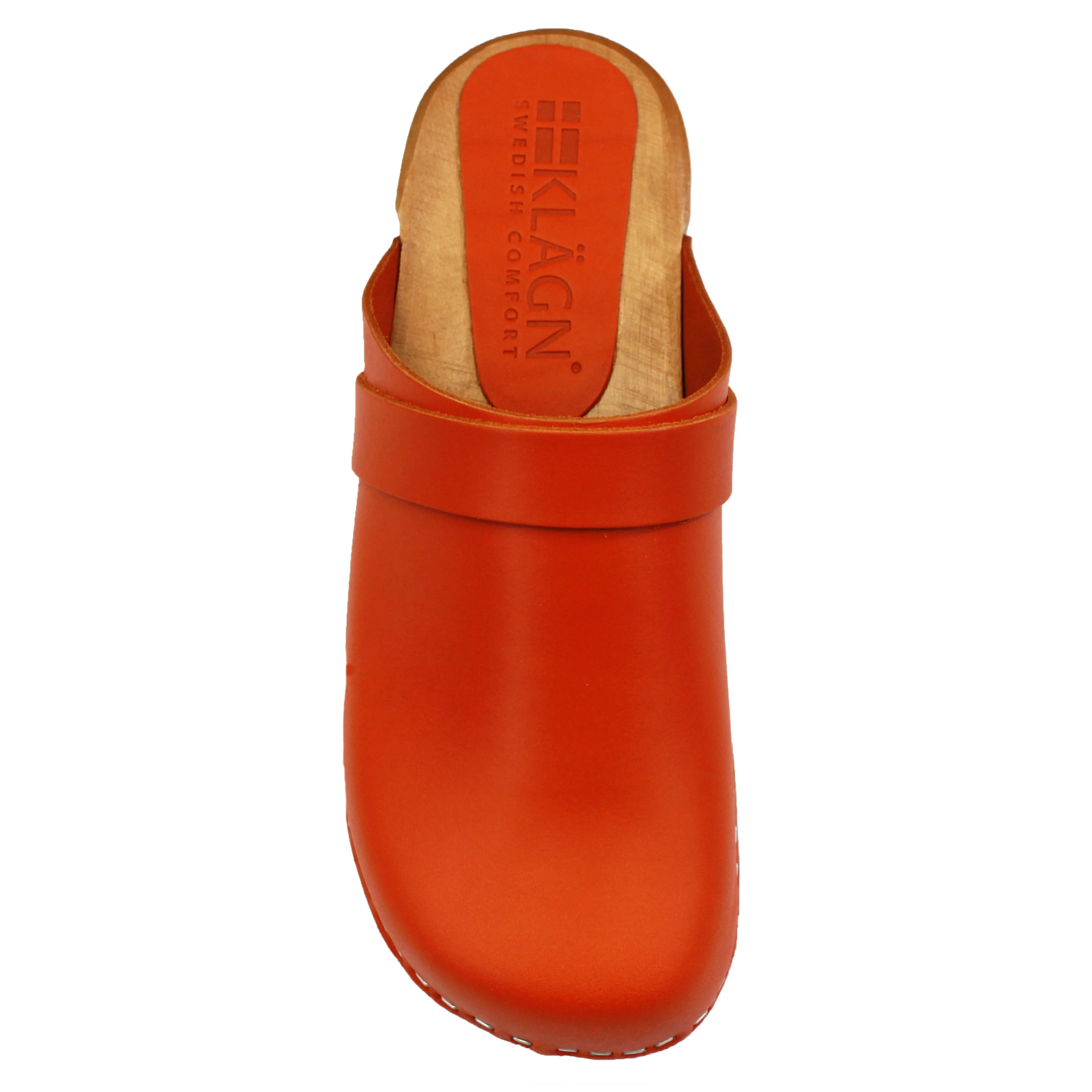 KLÄGN Tuva Wood Open Back Grip Orange Veg Tan Leather Clogs