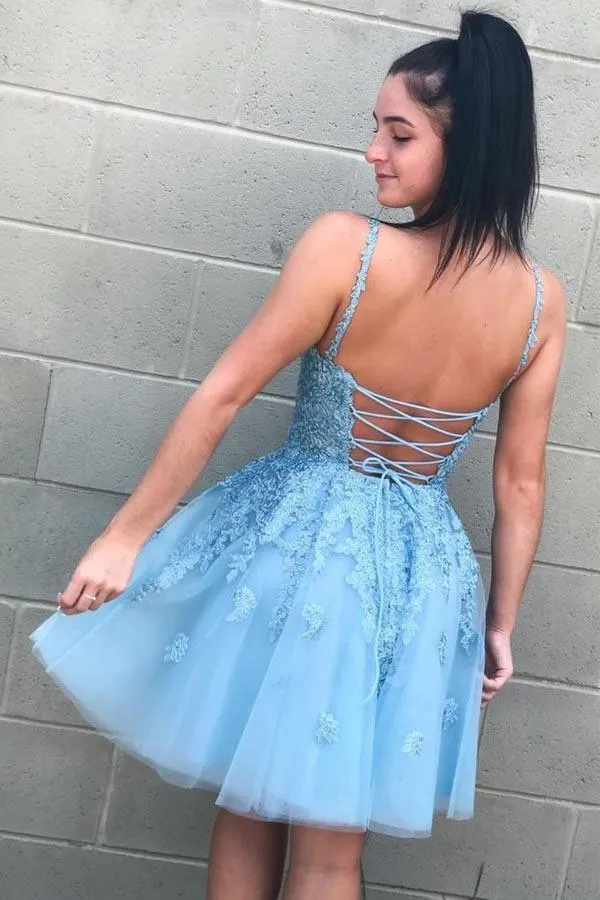 Lace-Up Sky Blue Short Homecoming Dress with Lace Appliques  PD332