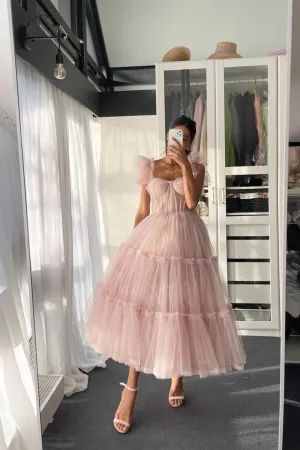 Light Pink Tulle Short Prom Dresses,A-Line Evening Party Dress