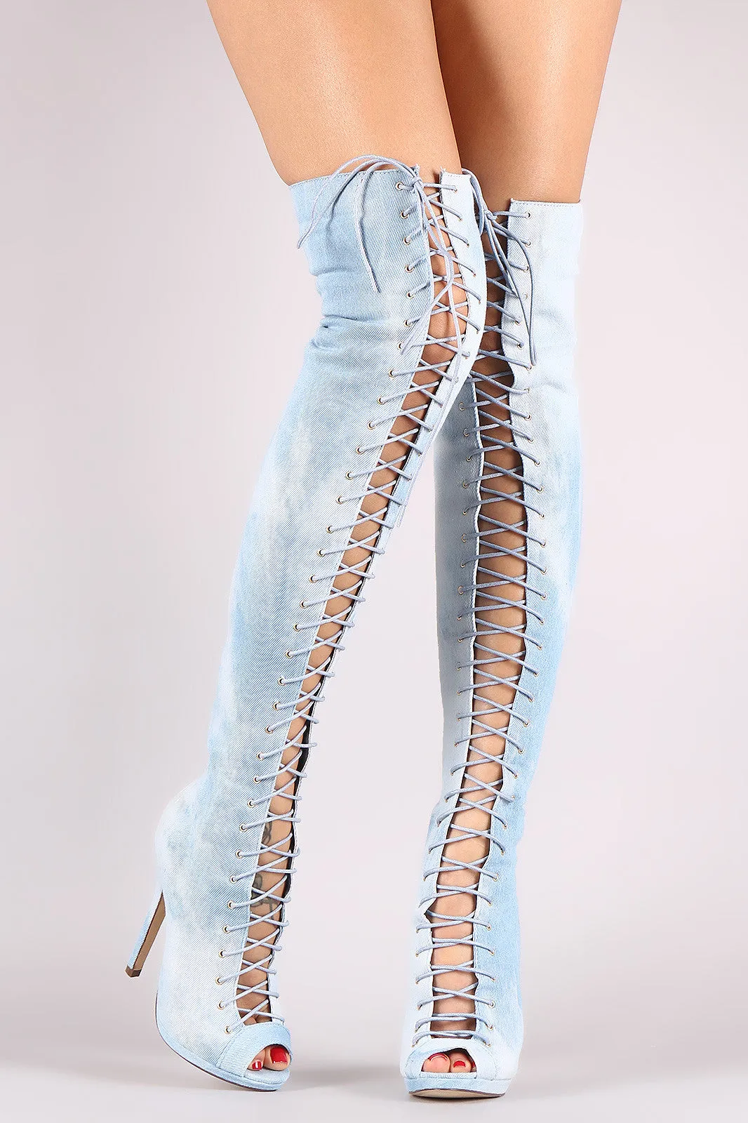 Liliana Denim Lace Up Stiletto Heeled Over-The-Knee Boots