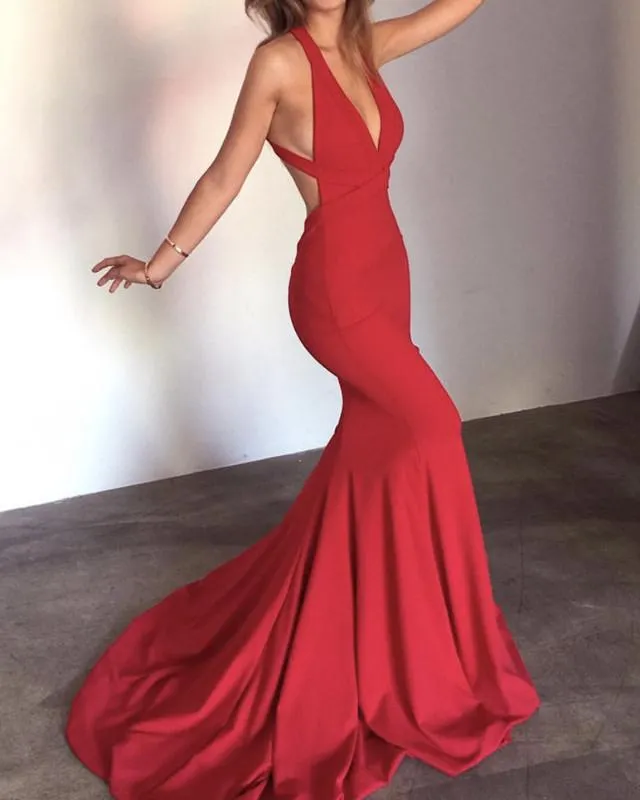 Long Satin Halter Open Back Mermaid Dresses,Sexy Formal Dress