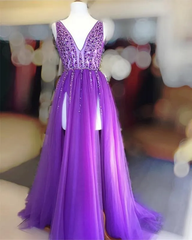 Long Tulle V-neck Prom Dresses Sequin Beaded Evening Gowns