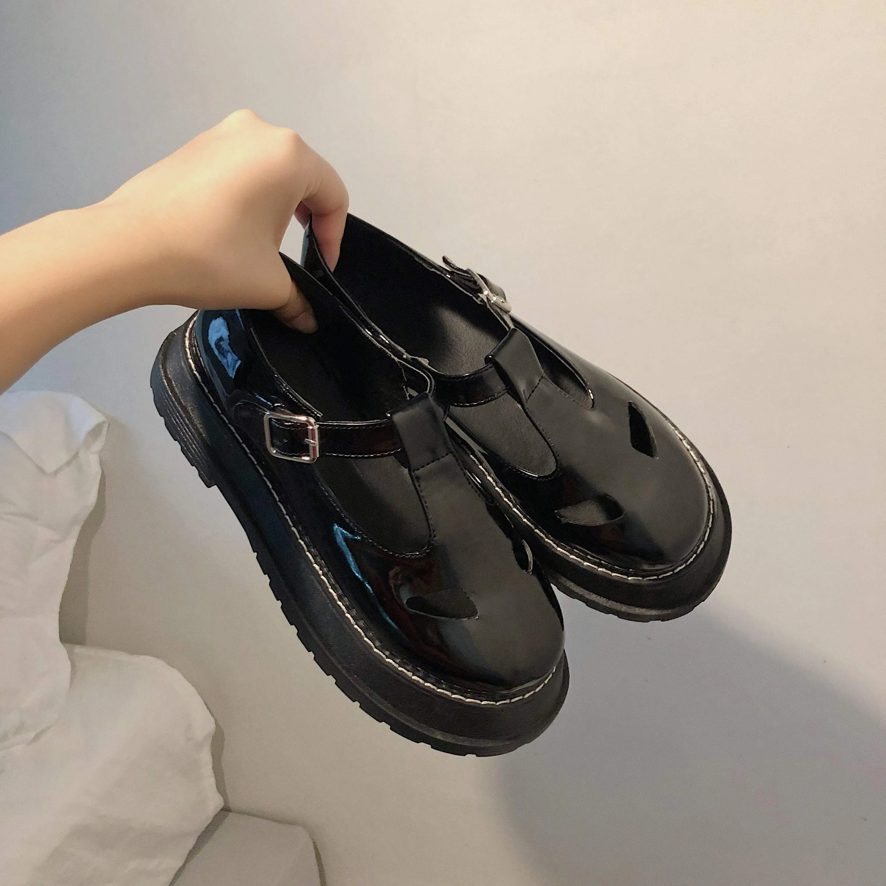 Matte And Shiny Black Retro Platform Sandals