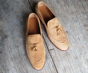 Men's Beige Suede Tassels Slips on Loafer Shoes