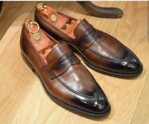 Men's Brown Black Leather Penny Loafers