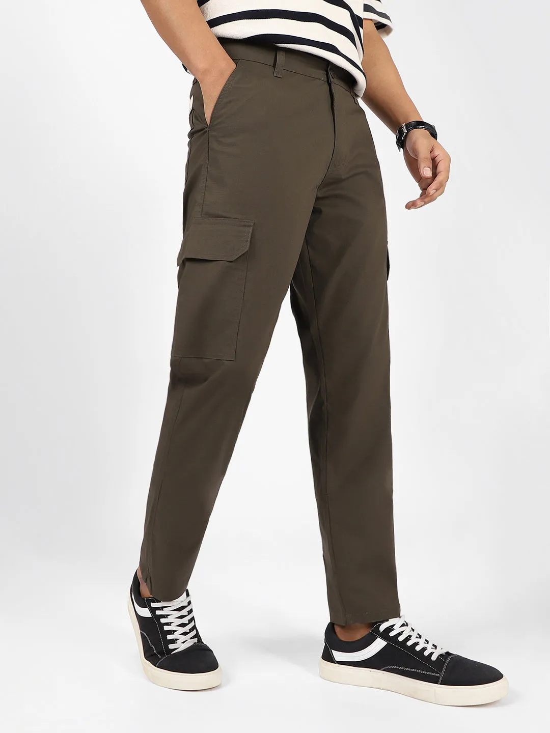 Men's Dark Olive Regular Fit Solid Cargo Chino Pant with 6 Pockets