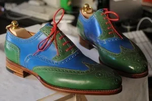 Men's Leather Green Blue Wing Tip Brogue Shoes