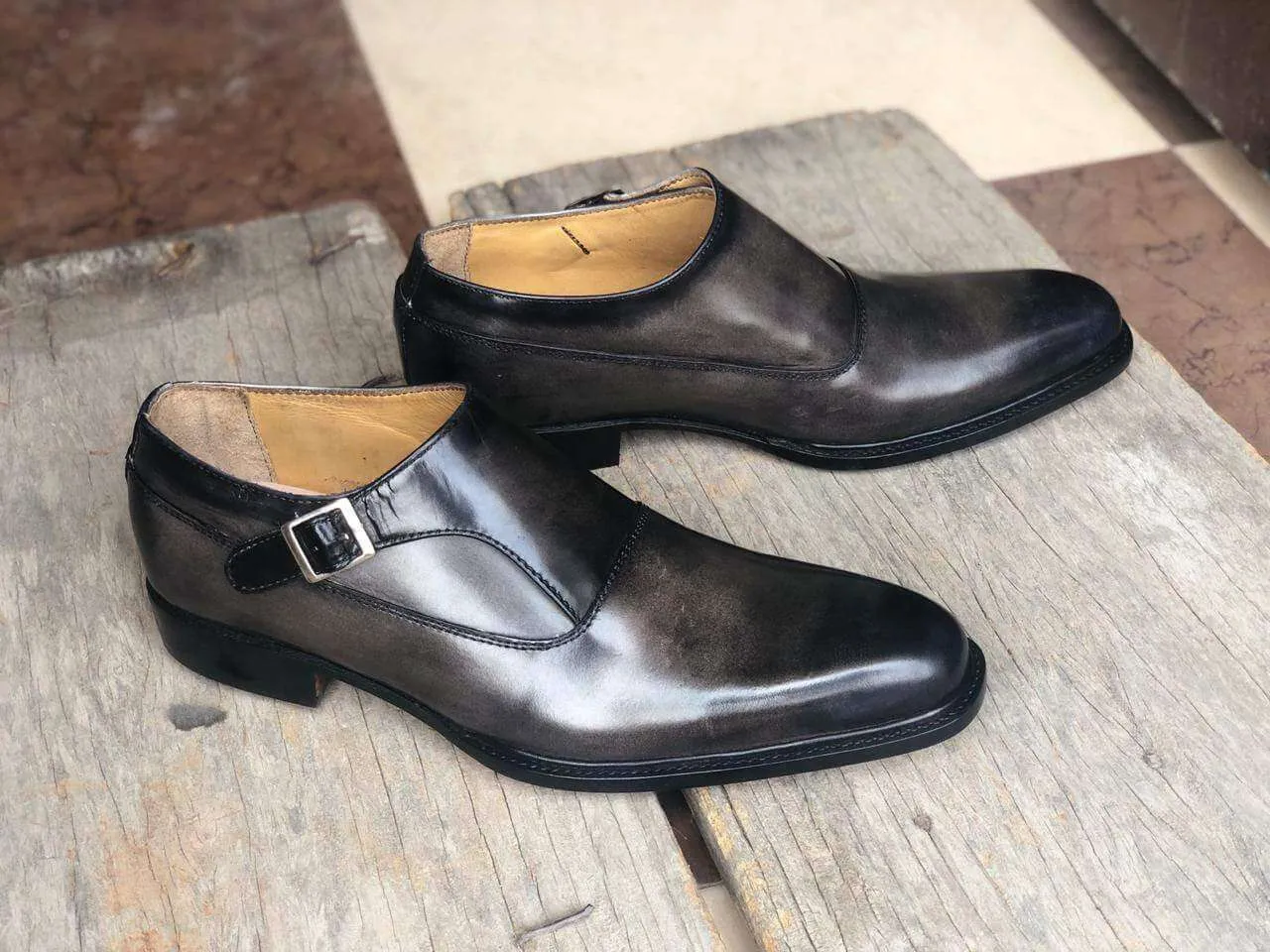 Men's Leather Monk Strap Black Derby Shoes