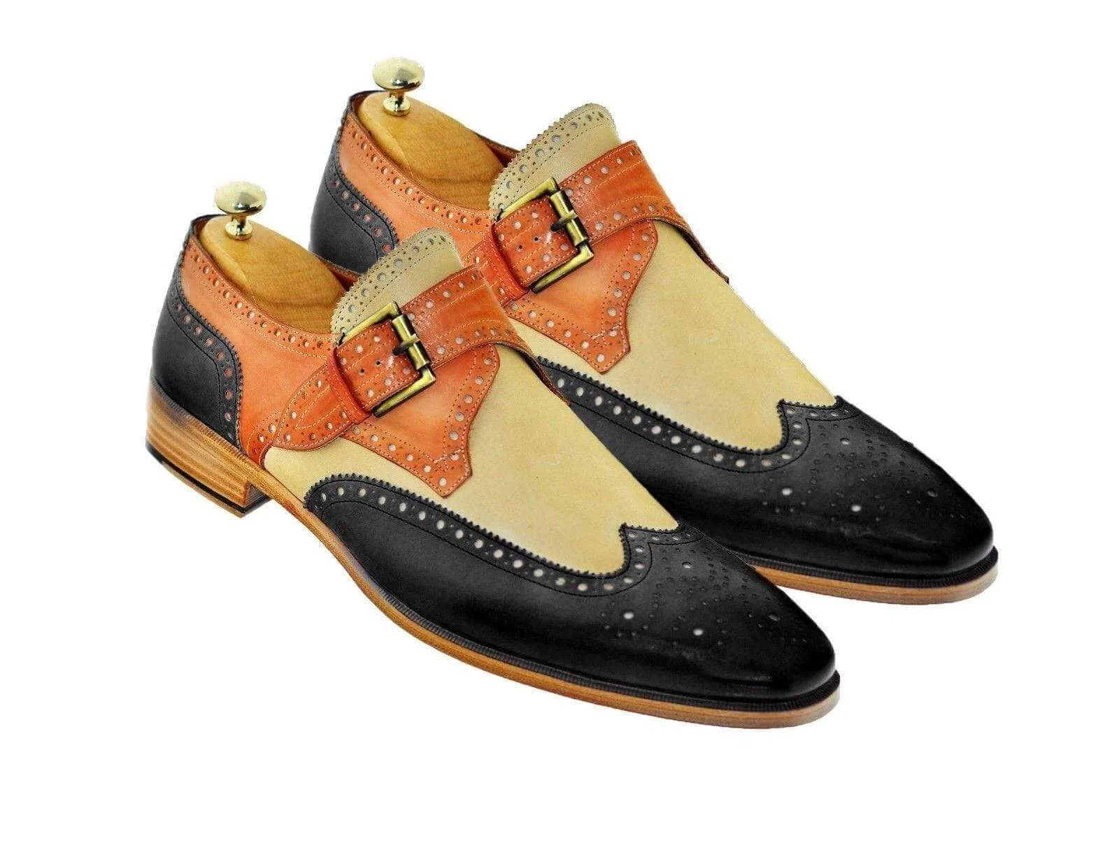 Men's Leather Monk Strap Tan Beige Black Wing Tip Brogue Shoes