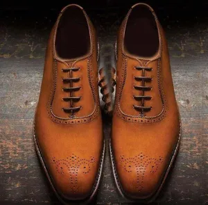 Men's Leather Tan Brogue Toe Lace Up Shoes