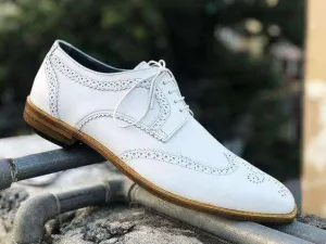 Men's Leather White Wing Tip Brogue Shoes