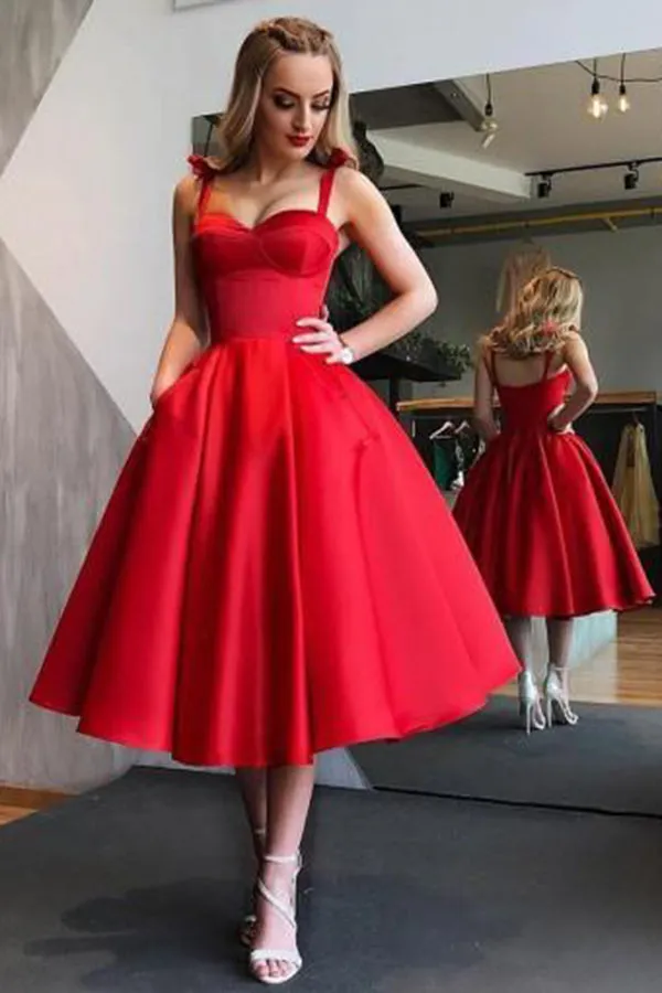 Midi Red Sweetheart Spaghetti Straps A Line Homecoming Dresses