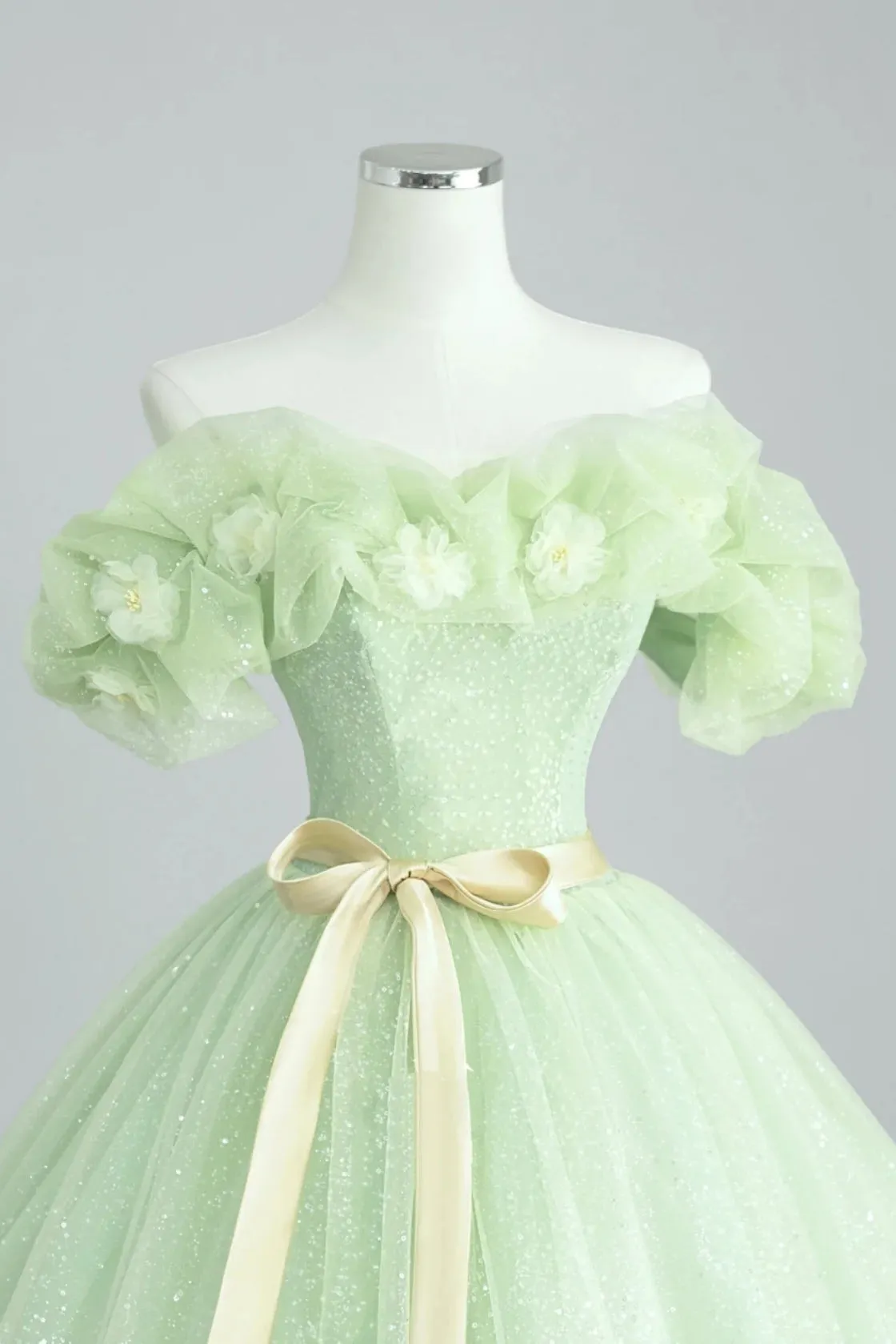 Mint Green Tulle Off the Shoulder Prom Gown with Flowers, Puffy Quinceanera Dress UQP0304