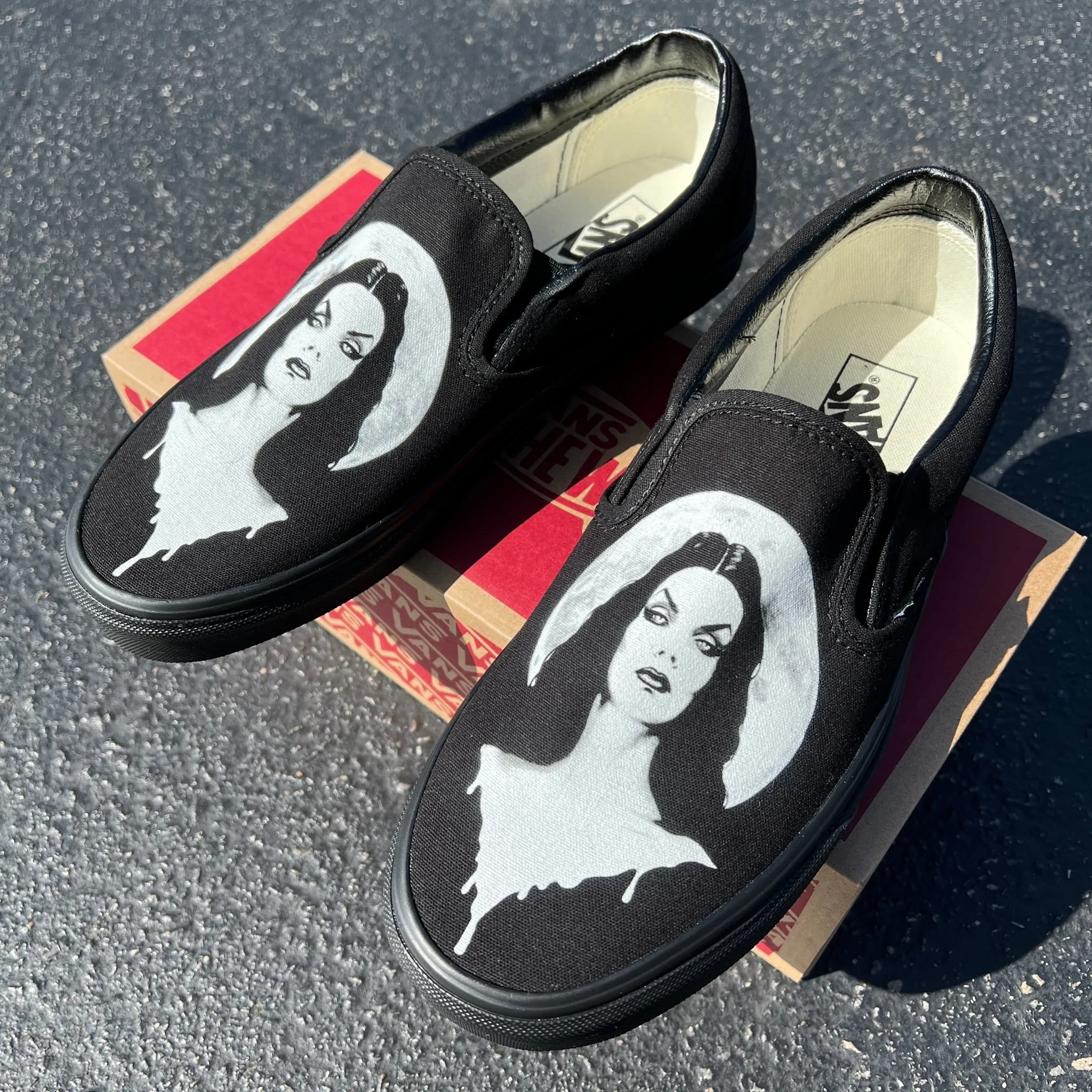 Morticia Addams Family Halloween Full Moon Custom Slip On Vans