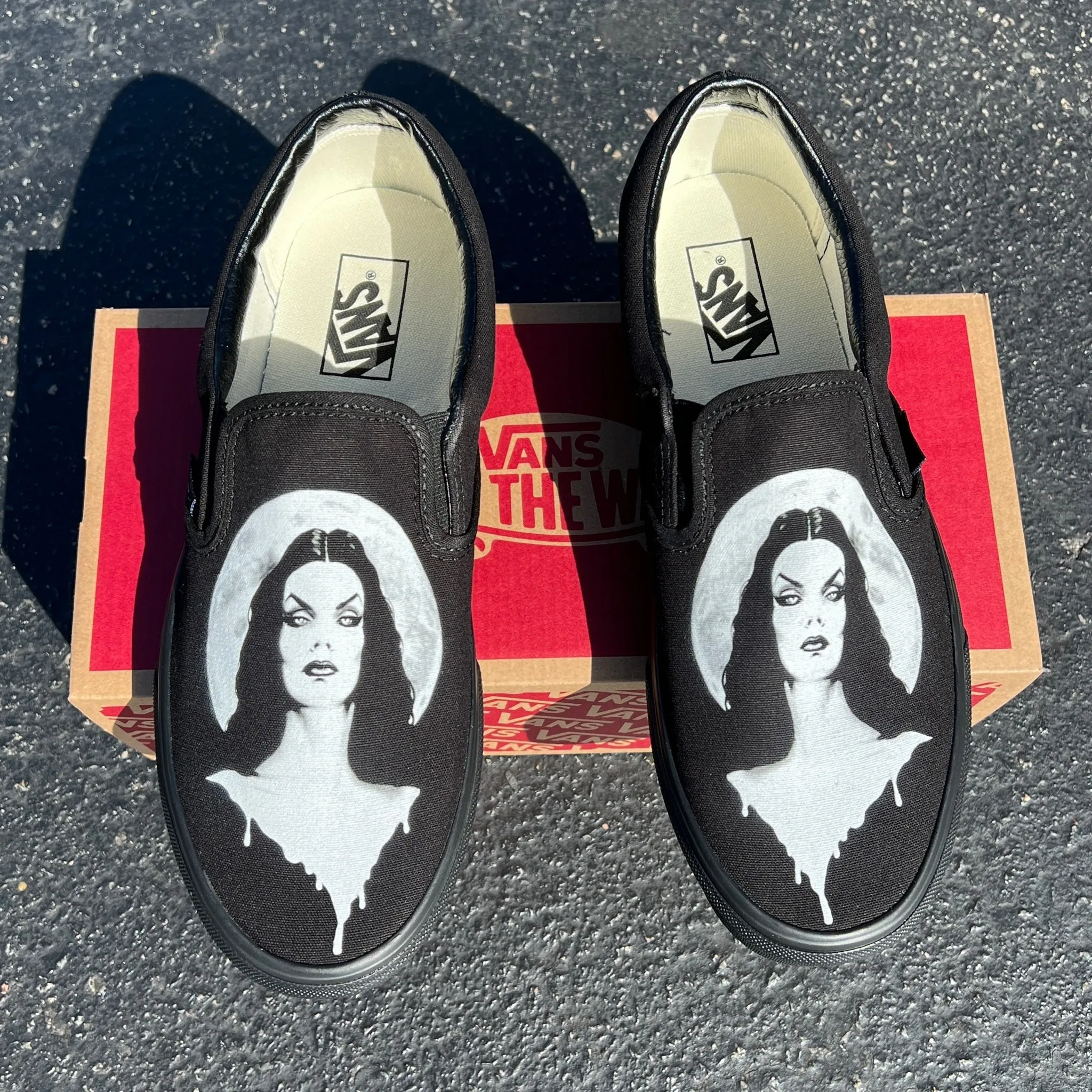 Morticia Addams Family Halloween Full Moon Custom Slip On Vans