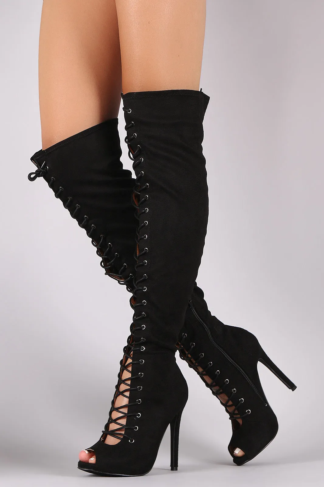 Natalia - Suede Corset Lace Up Stiletto Over-The-Knee Boots