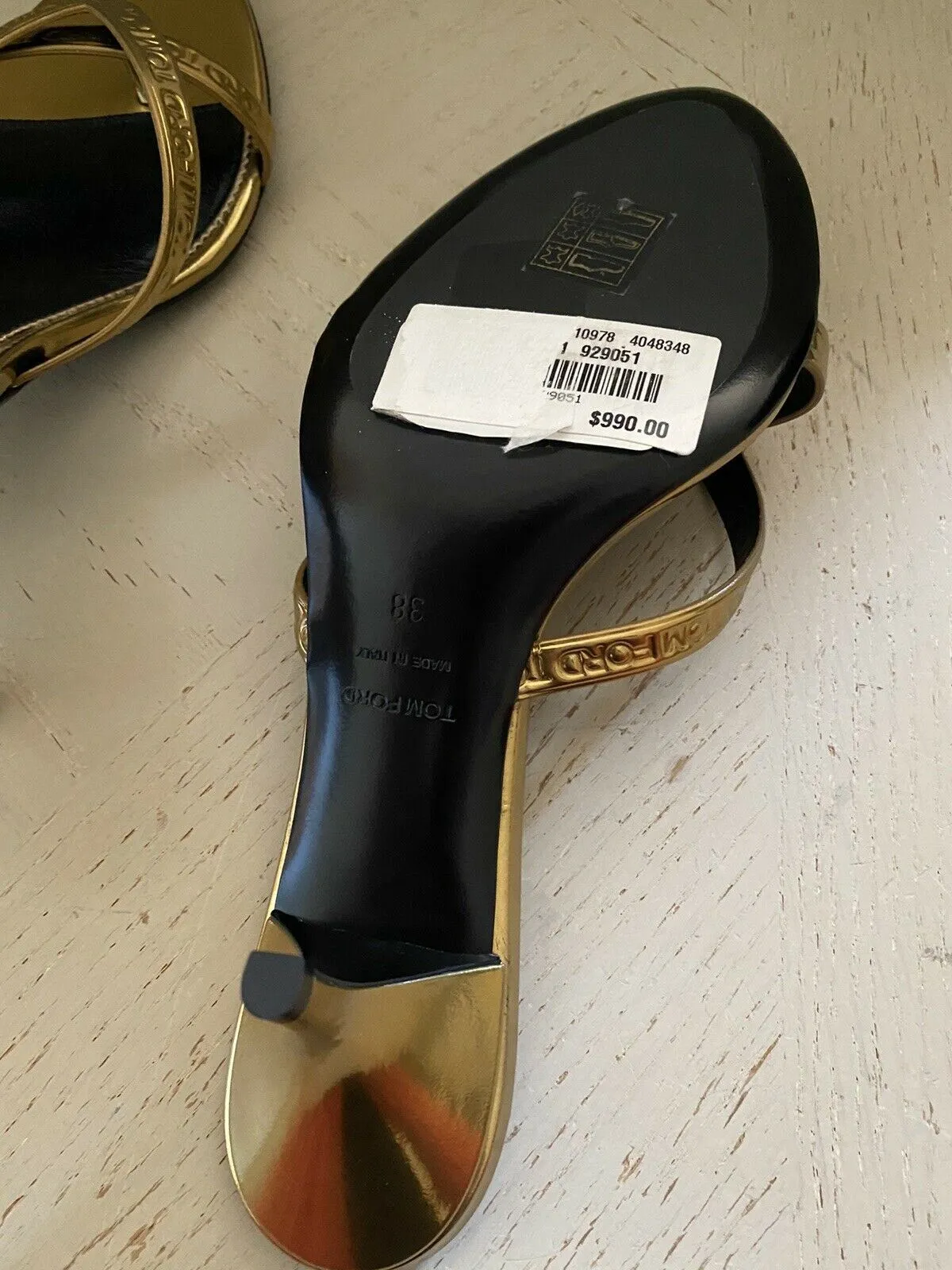 NIB $990 Tom Ford Women Leather Logo Thong Sandal Shoes Gold 8 US/38 Eu Italy