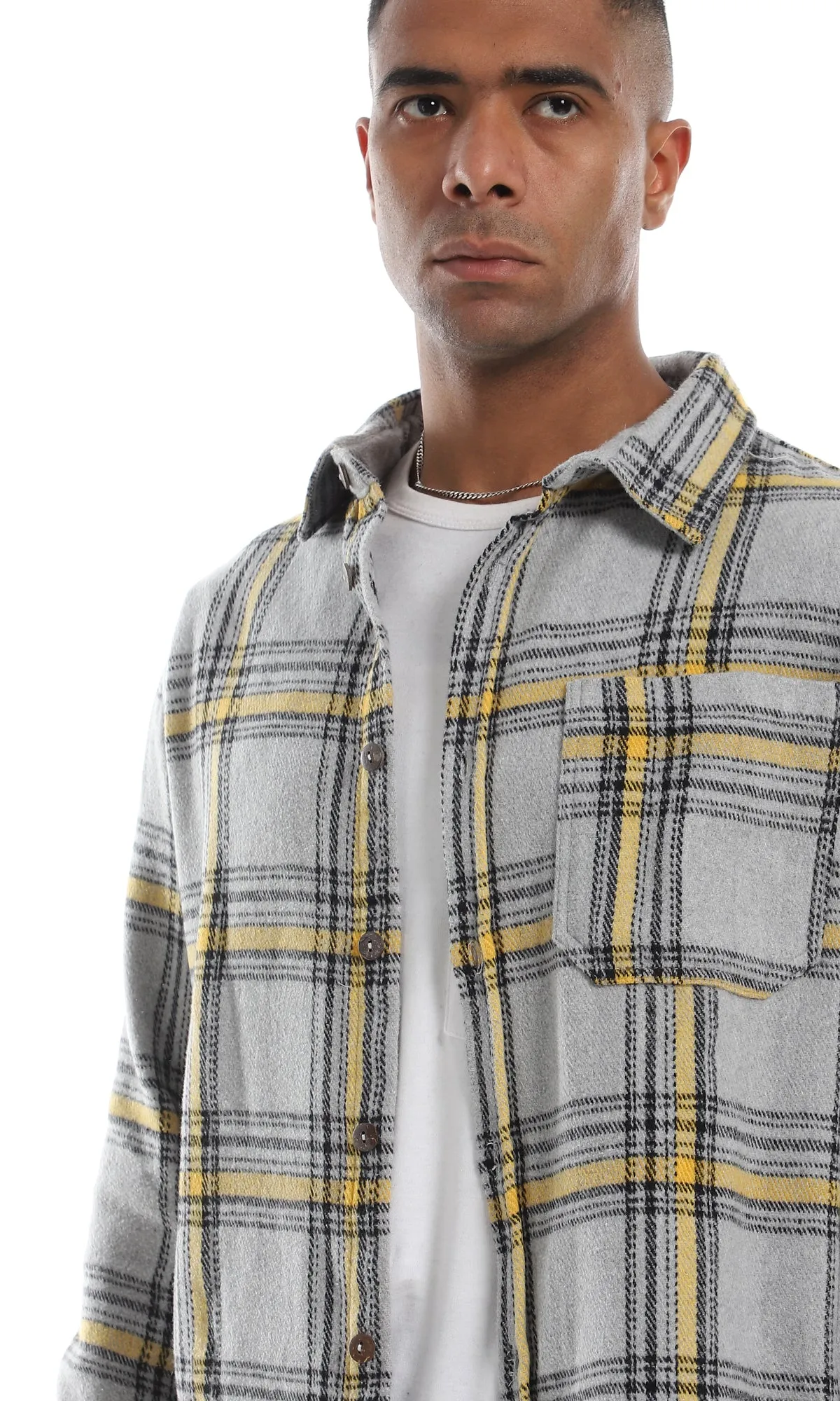 O158847 Plaids Full Buttoned Classic Collar Grey & Yellow Winter Shirt