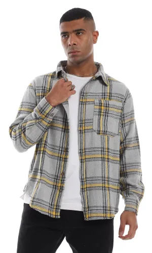 O158847 Plaids Full Buttoned Classic Collar Grey & Yellow Winter Shirt