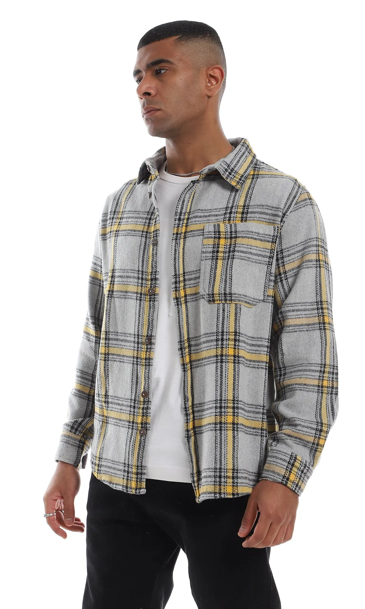 O158847 Plaids Full Buttoned Classic Collar Grey & Yellow Winter Shirt