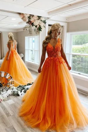 Orange Tulle Lace Long Prom Dresses,Illusion A Line Formal Dress