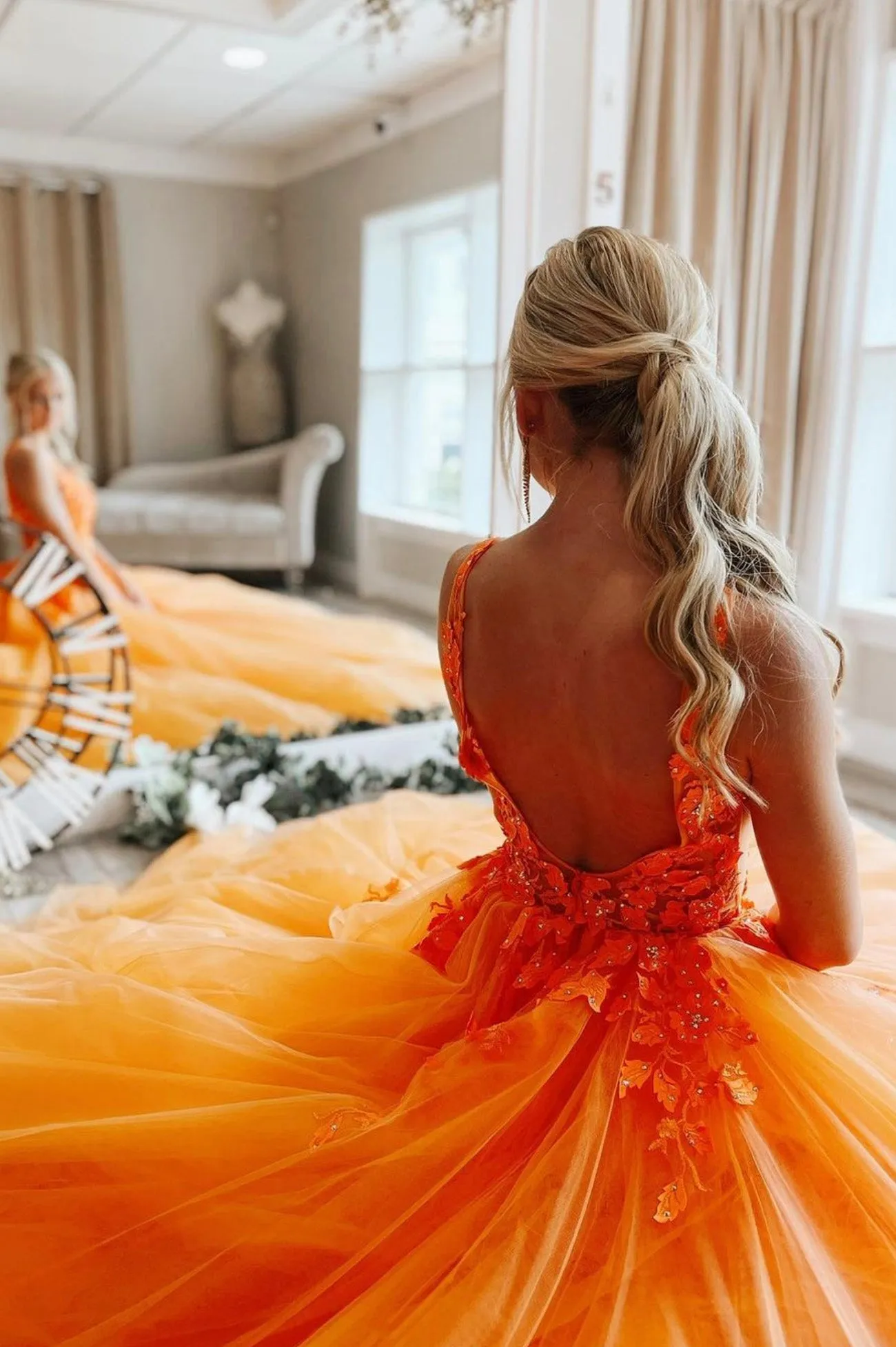 Orange Tulle Lace Long Prom Dresses,Illusion A Line Formal Dress