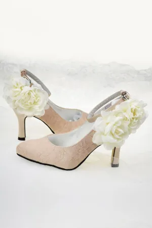 Pink Lace Handmade Ankle Strap Wedding Shoes With Flowers S59