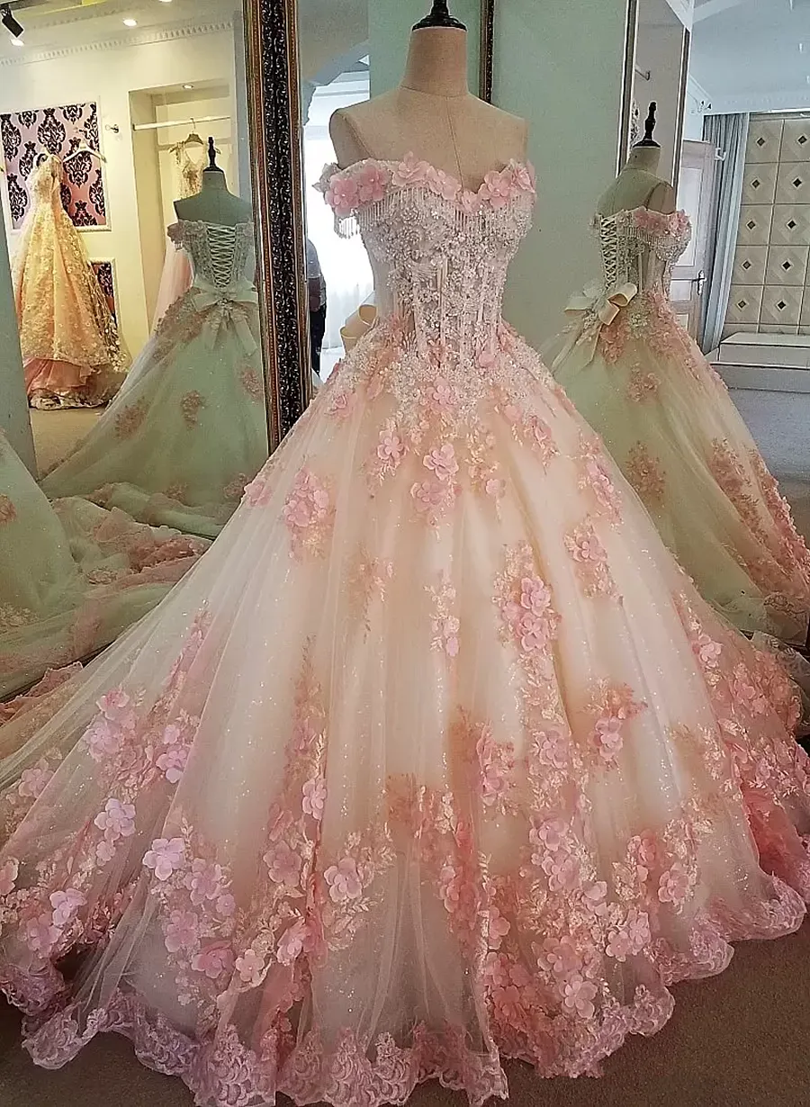 Pink Tulle Flowers Ball Gown Beaded Long Formal Dress, Pink Sweet 16 Dresses