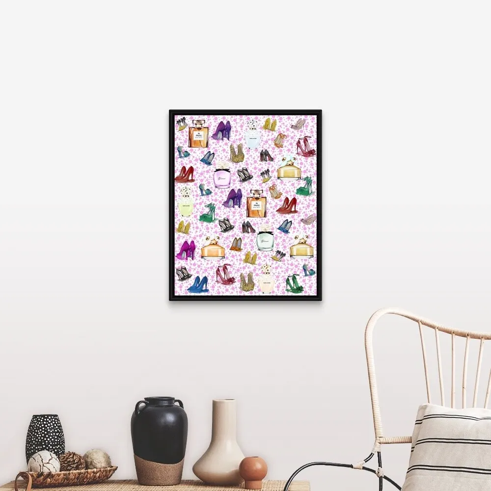 "Bottles and Shoes II" Black Float Frame Canvas Art