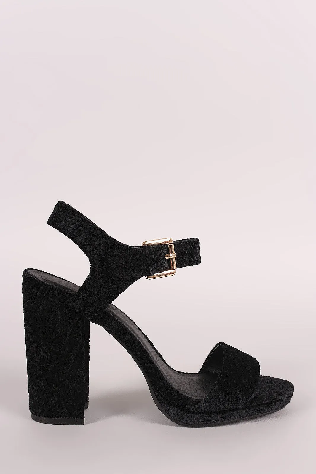 Qupid Embossed Velvet Ankle Strap Chunky Heel