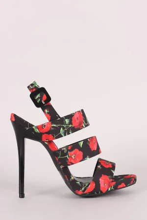 Qupid Floral Print Triple Band Slingback Stiletto Heel