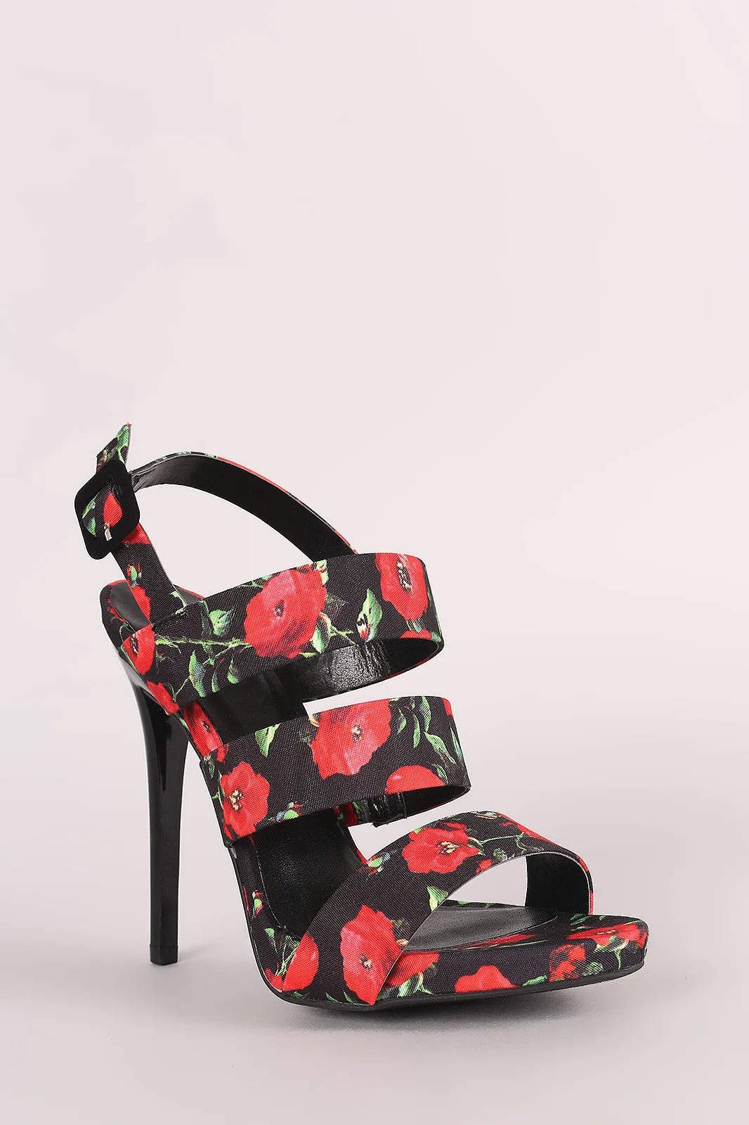 Qupid Floral Print Triple Band Slingback Stiletto Heel