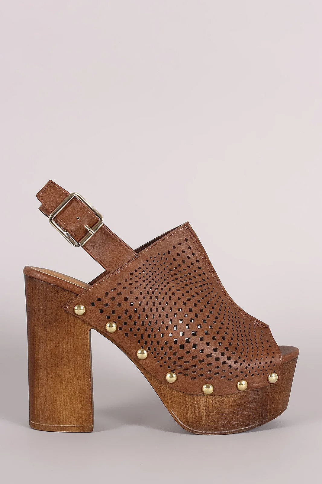 Qupid Perforated Slingback Studded Chunky Platform Mule Heel