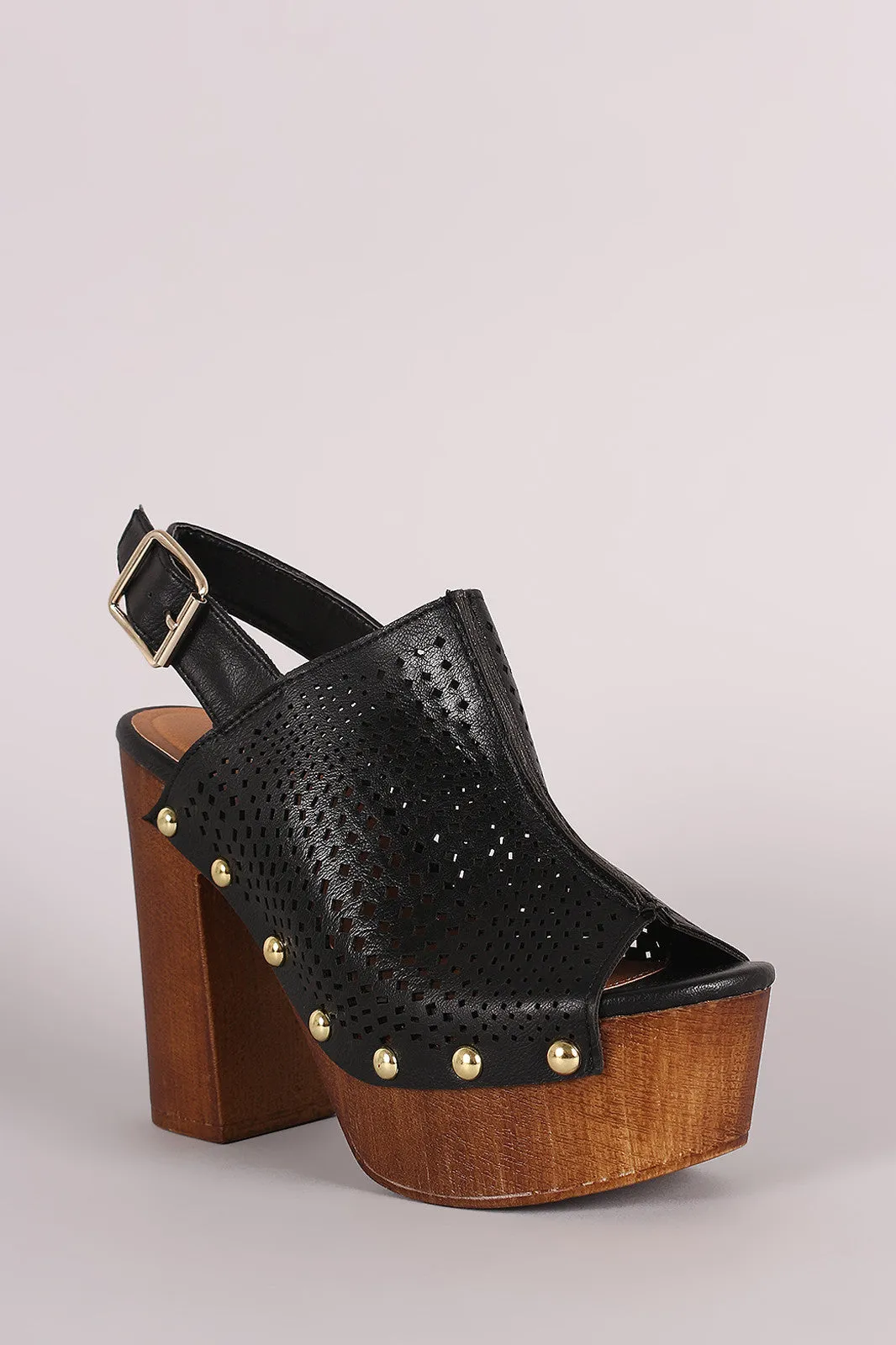 Qupid Perforated Slingback Studded Chunky Platform Mule Heel