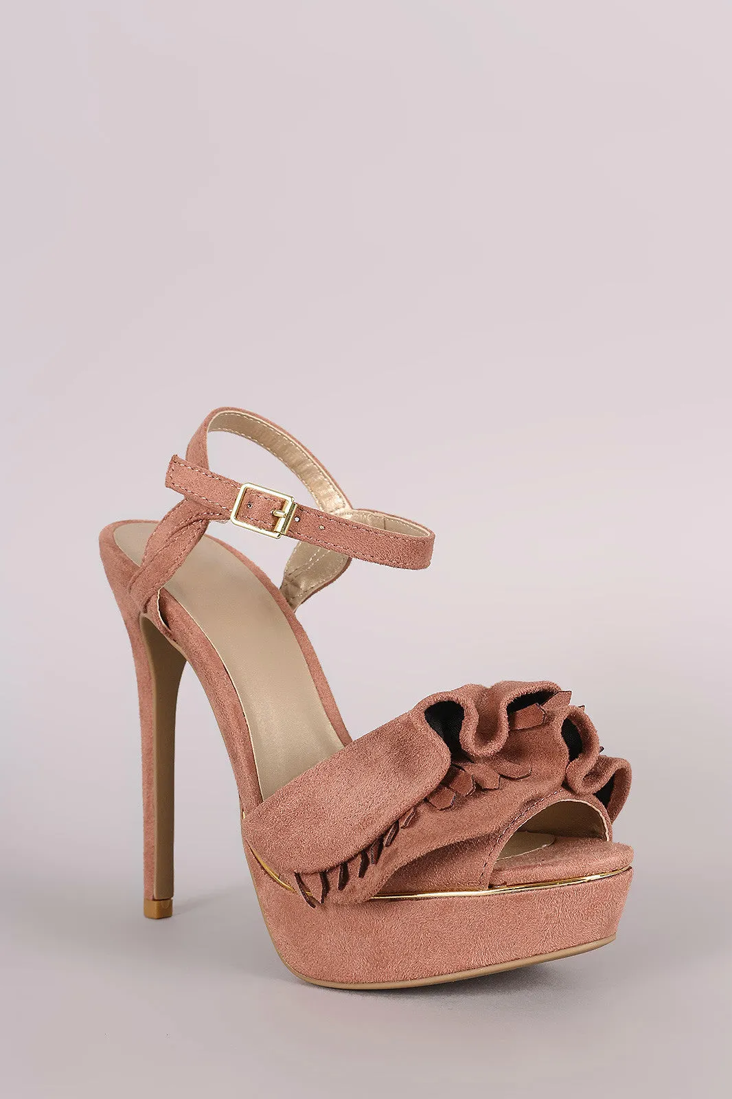 Qupid Suede Tiered Ruffle Platform Dress Heel