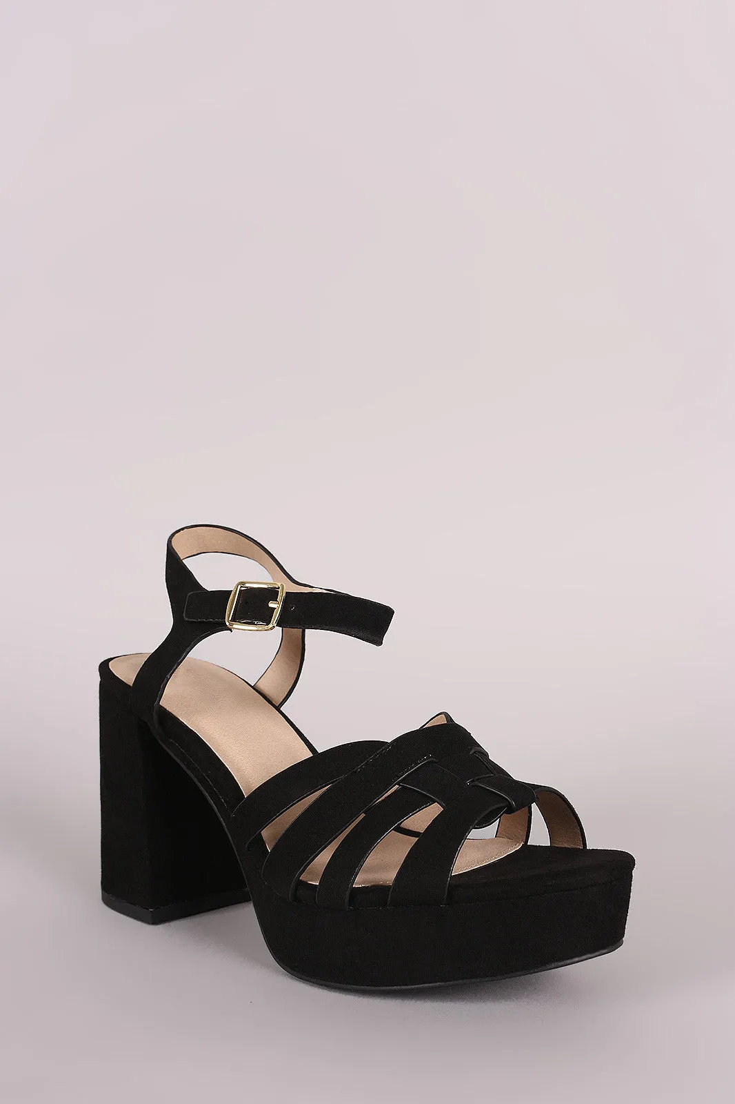 Qupid Suede Woven Ankle Strap Chunky Platform Heel