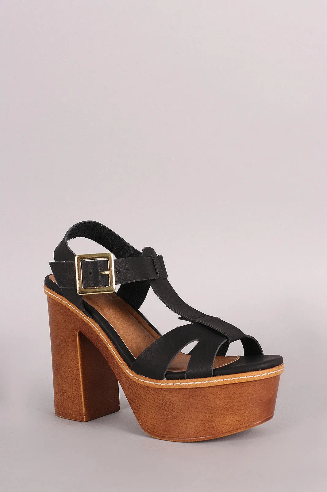 Qupid T-Strap Chunky Faux Wooden Platform Heel