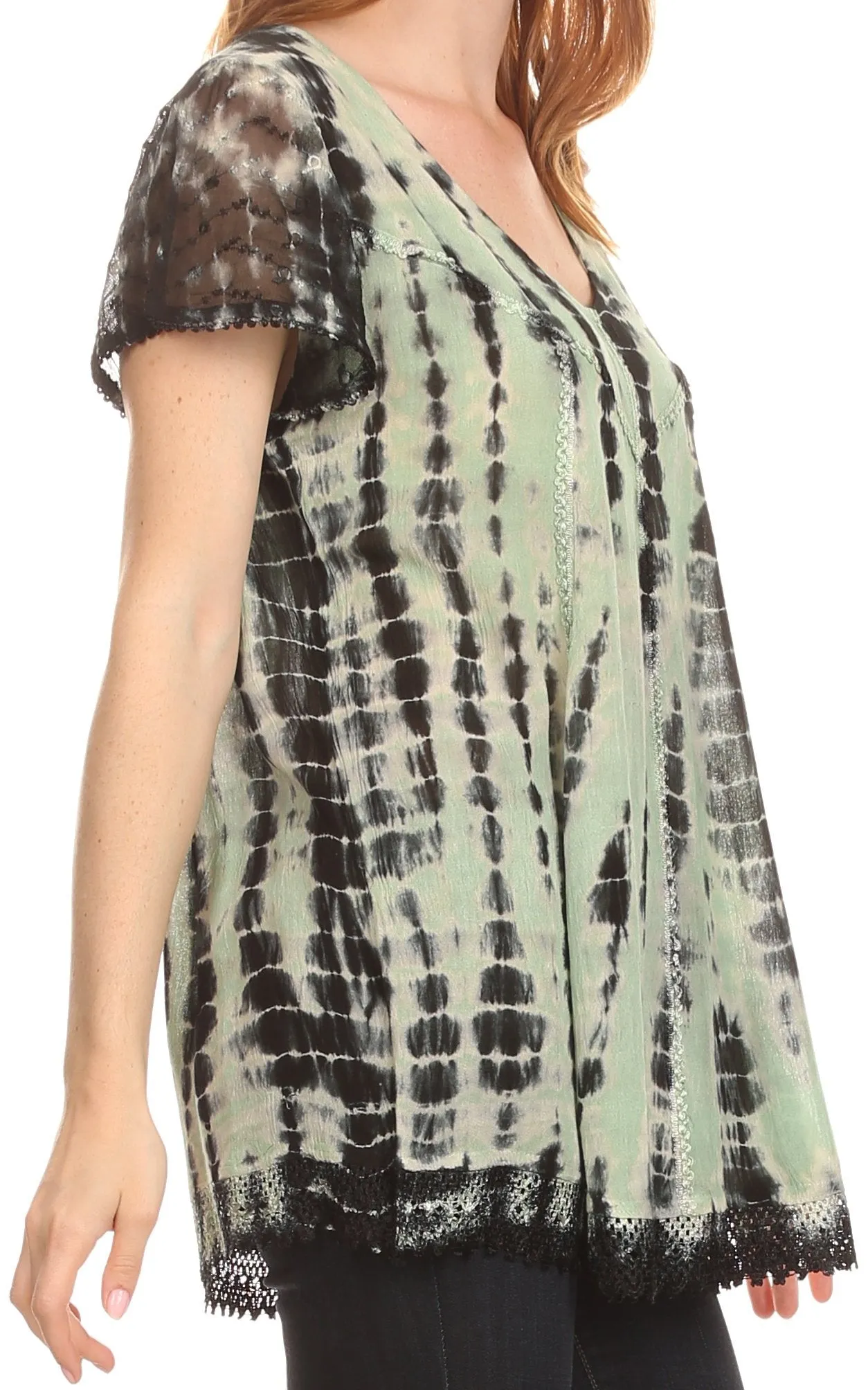 Sakkas Spala Long Tie Dye Embroidered Cap Sleeve Drop V Neck Blouse Shirt Top