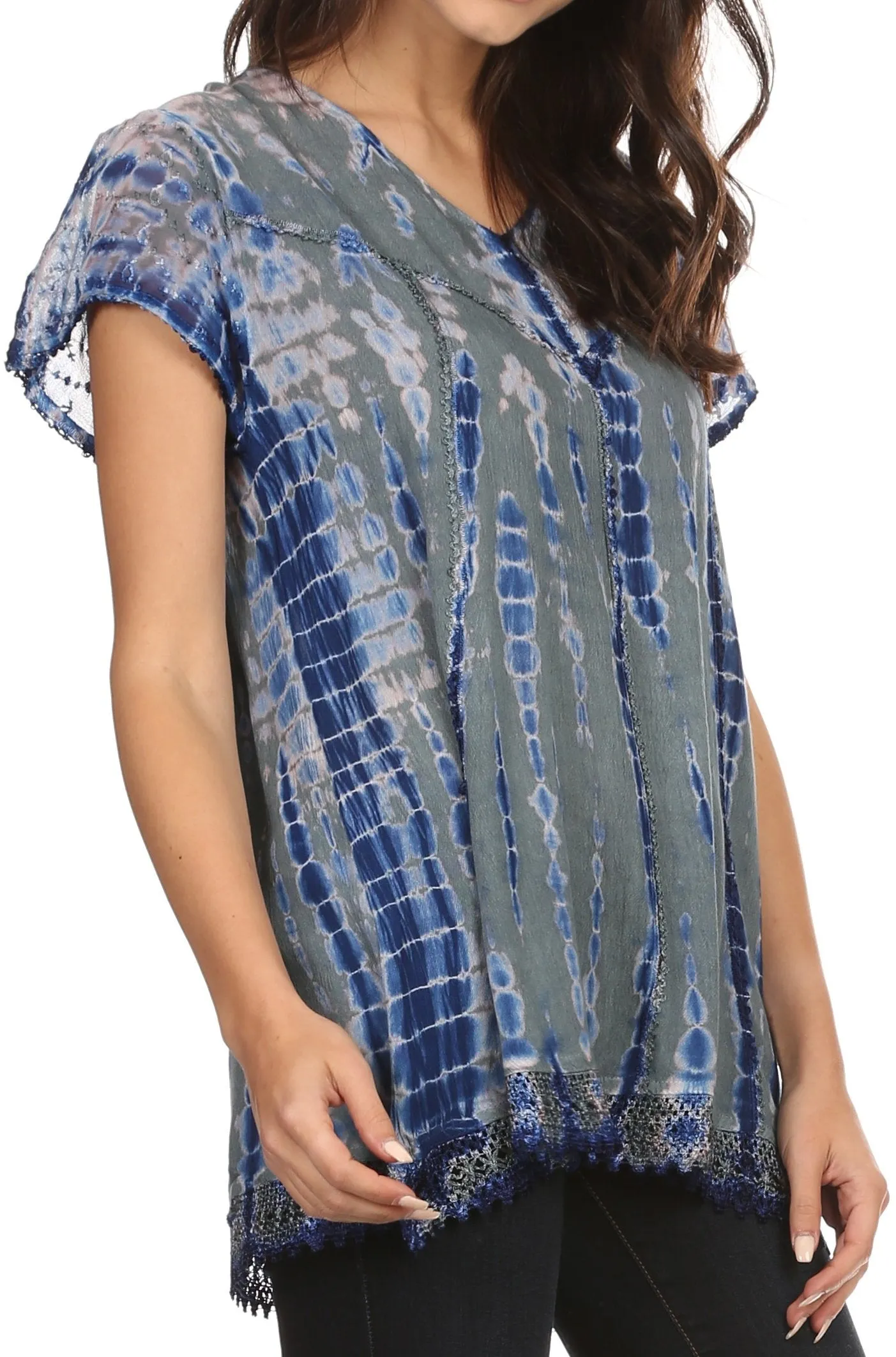 Sakkas Spala Long Tie Dye Embroidered Cap Sleeve Drop V Neck Blouse Shirt Top