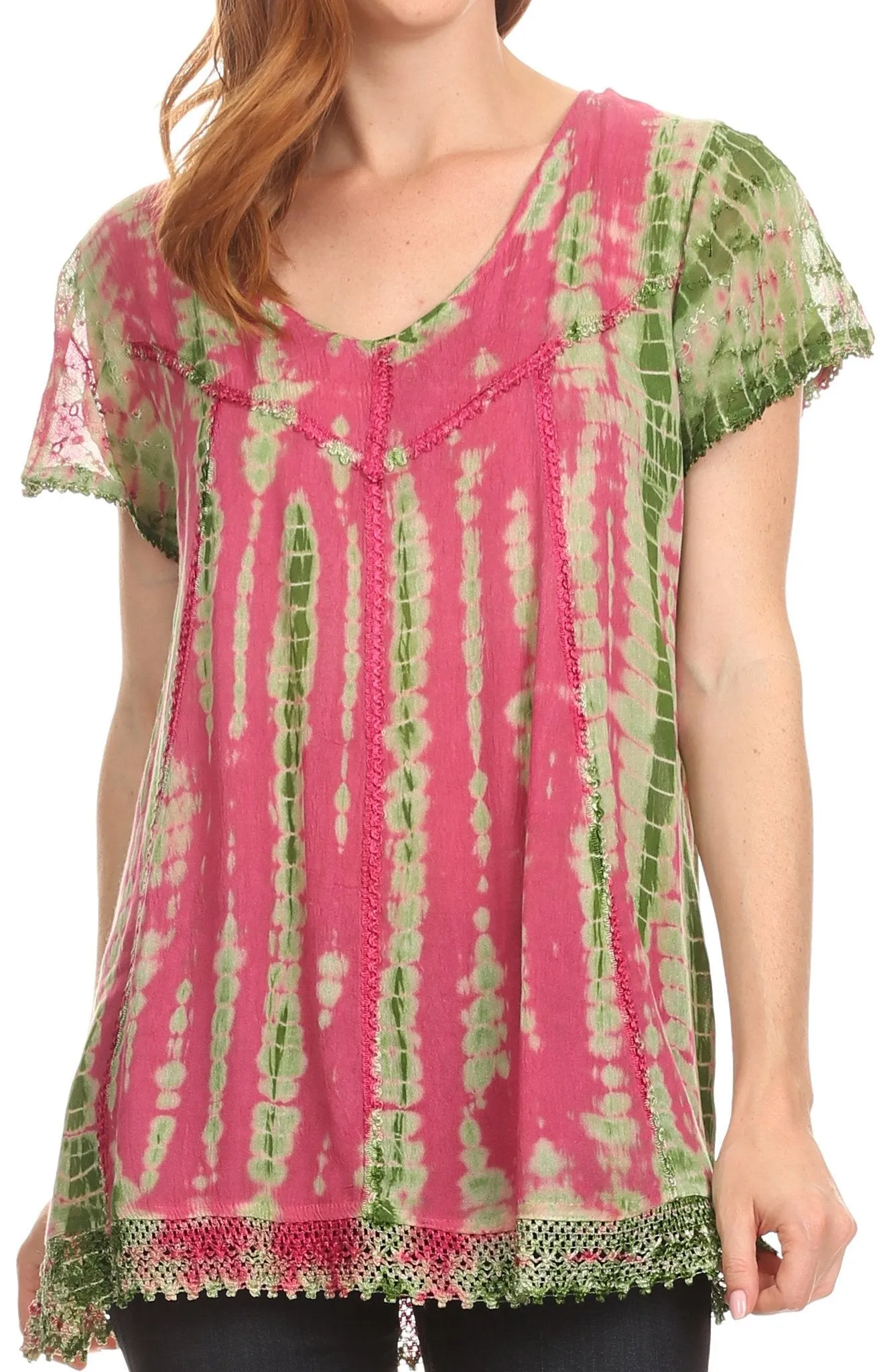 Sakkas Spala Long Tie Dye Embroidered Cap Sleeve Drop V Neck Blouse Shirt Top