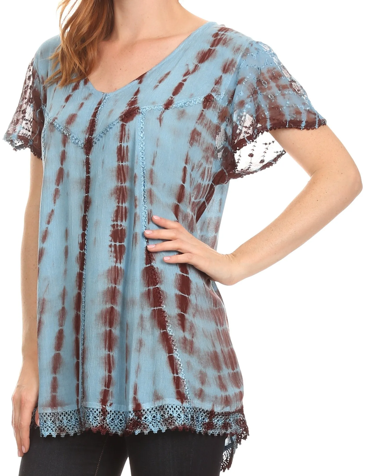 Sakkas Spala Long Tie Dye Embroidered Cap Sleeve Drop V Neck Blouse Shirt Top