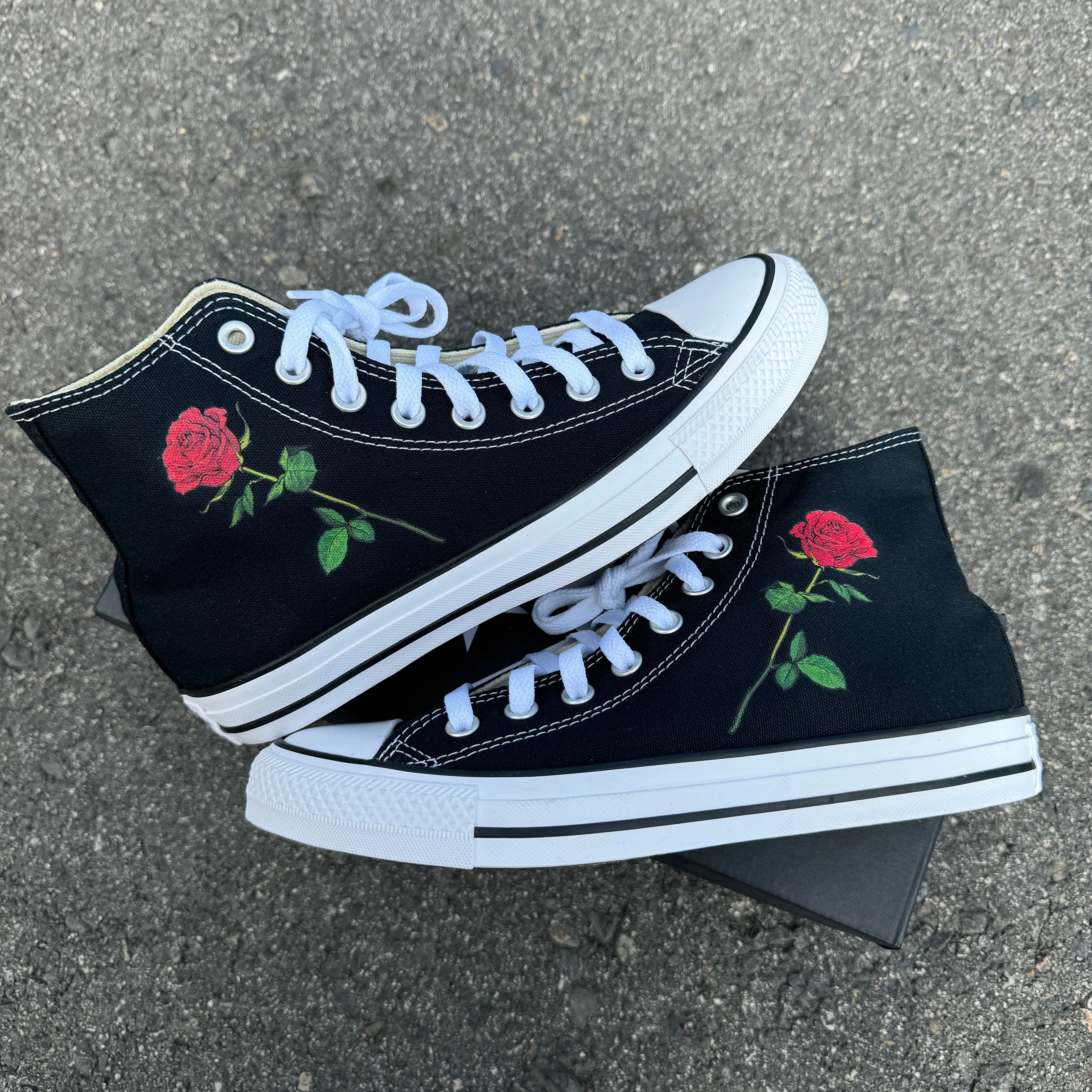 Single Rose on Black High Top Converse