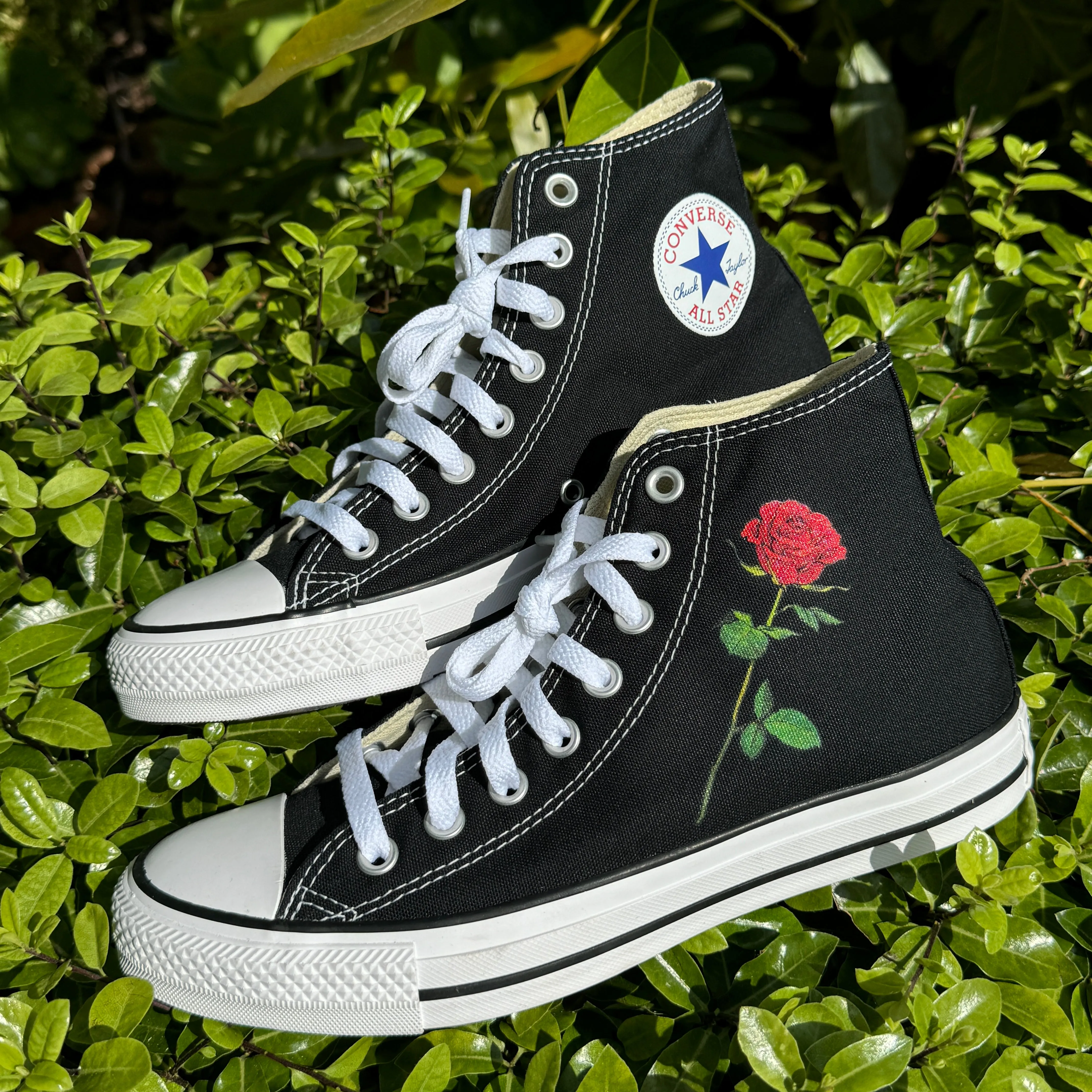 Single Rose on Black High Top Converse